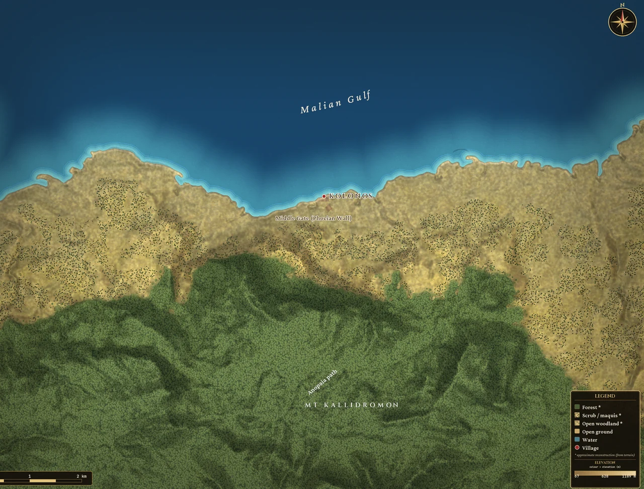 Battle map of Thermopylae: the narrow pass between Mount Kallidromon and the Malian Gulf