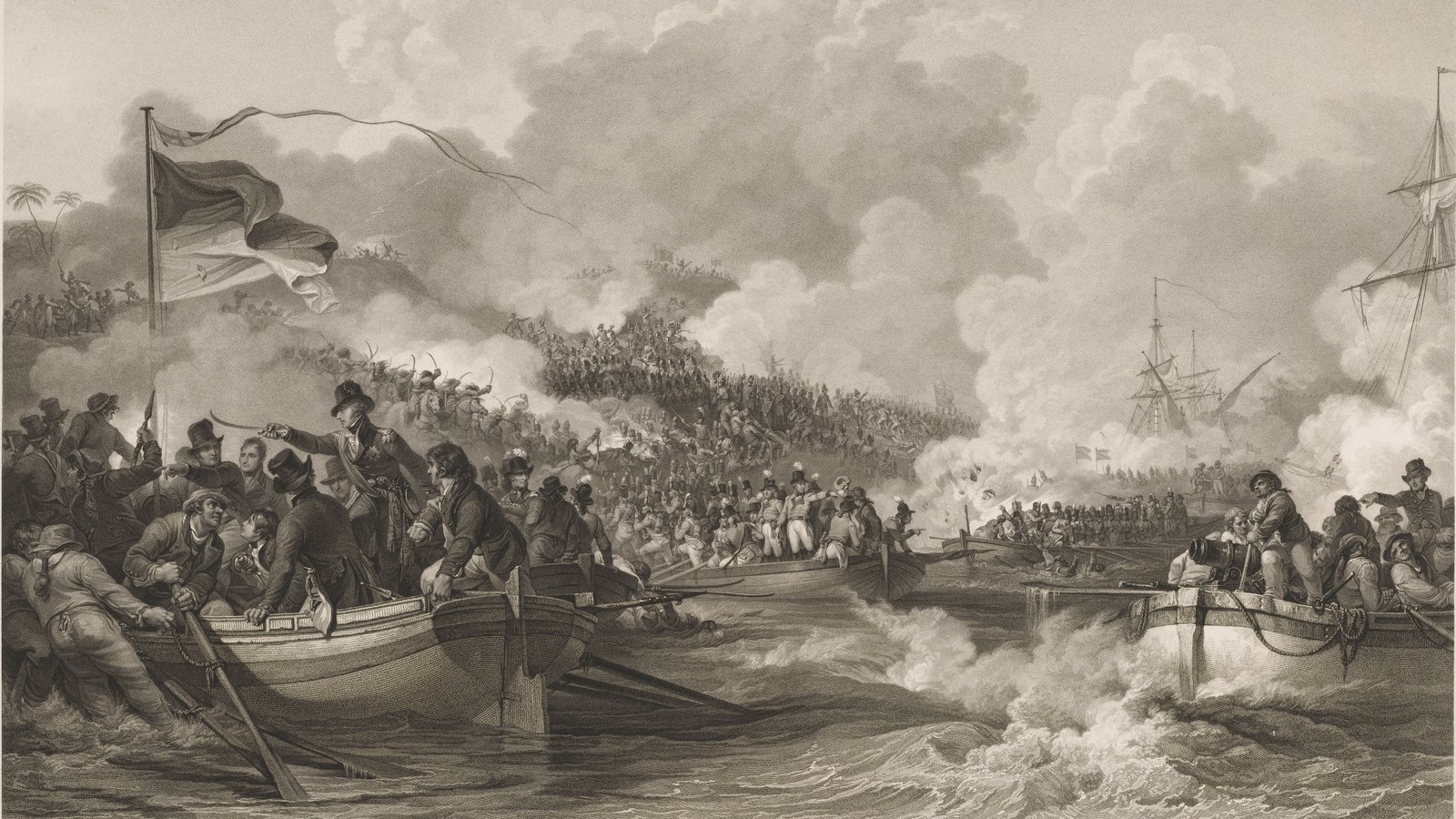 Engraving of crowded rowing boats full of British soldiers and sailors under gunfire and smoke, with a large flag in the foremost boat, troops charging up sand hills on the shore and ships at anchor on the right.