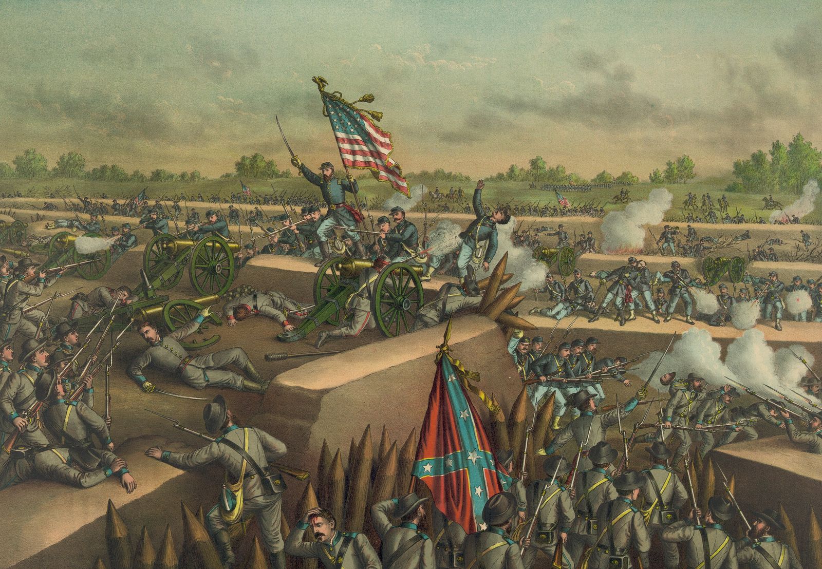 Color print: Union soldiers with the Stars and Stripes storm over a Confederate earthwork lined with sharpened stakes, capturing cannon, while Confederate infantry with their battle flag fight back in the foreground.