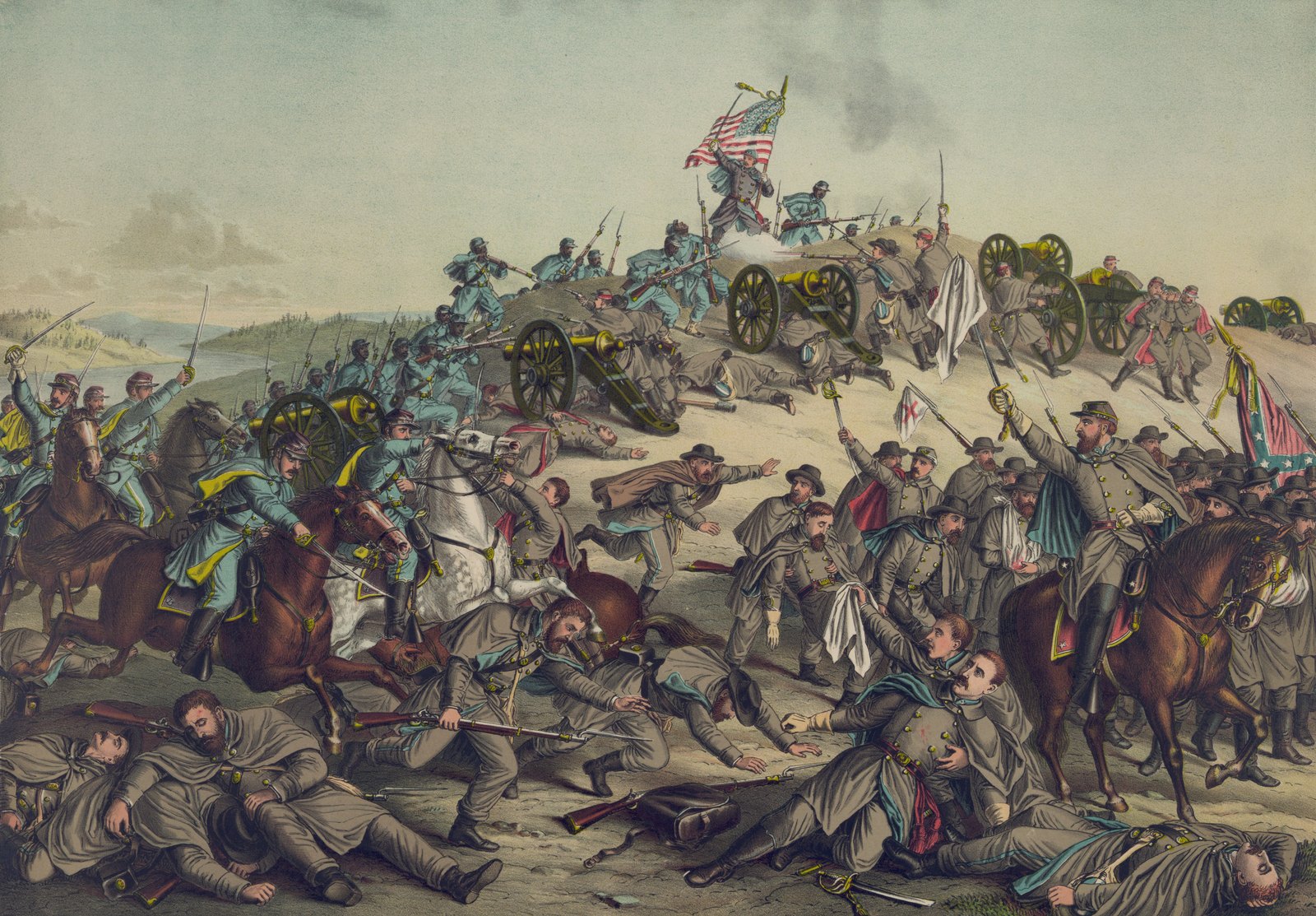 Color print: Union infantry, among them Black soldiers, storm a hill and capture Confederate cannon under the Stars and Stripes, while Union cavalry rides into retreating and wounded Confederates in gray.