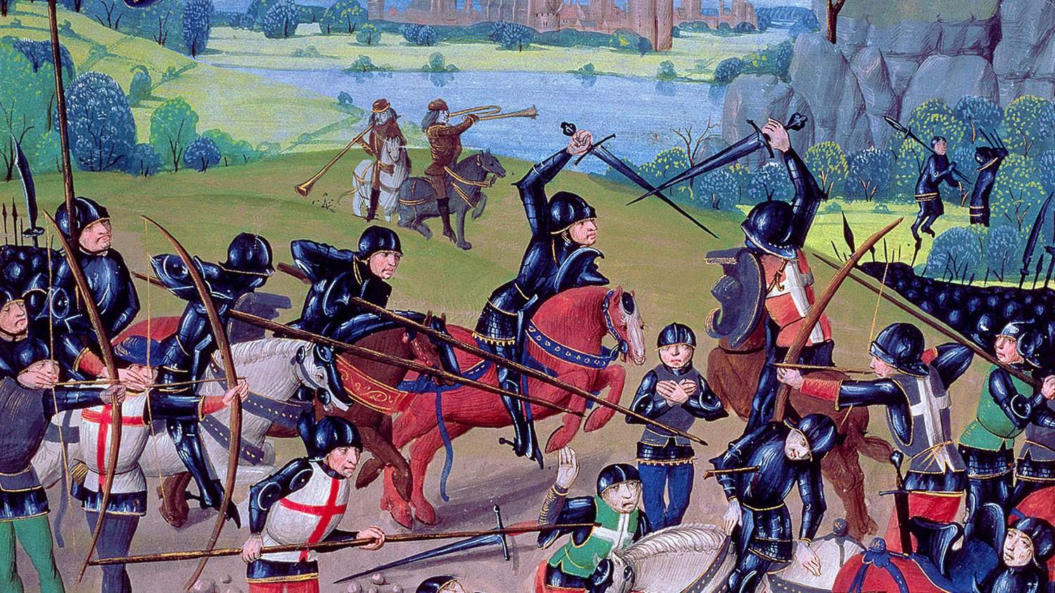 English longbowmen loosing arrows on the French at Agincourt, 1415