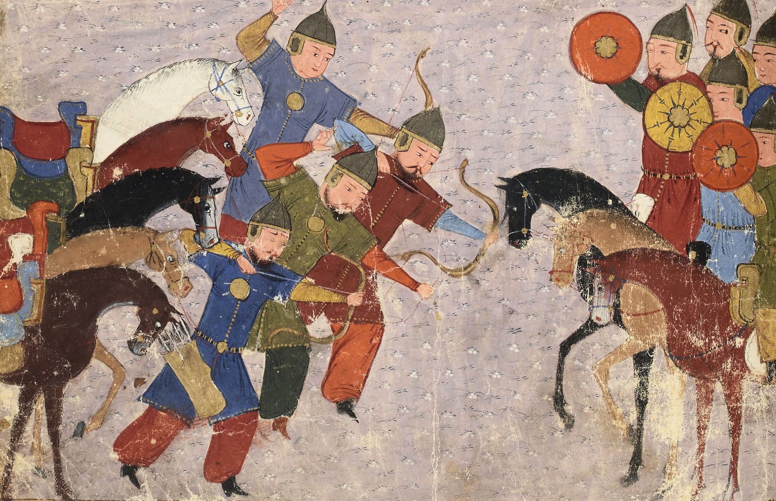 Persian manuscript miniature of Mongol horsemen with bows and round shields clashing in battle