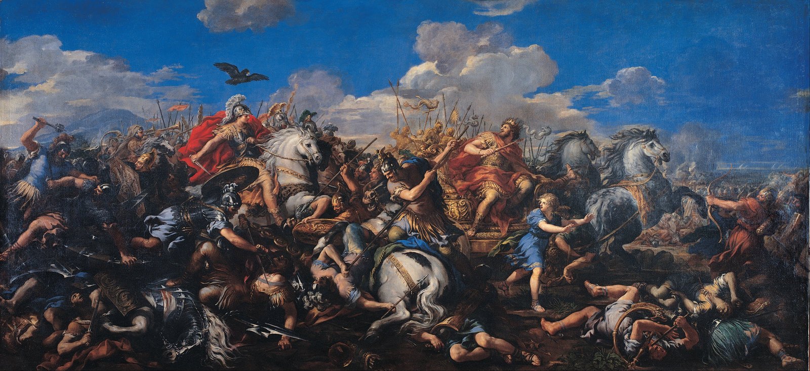Baroque oil painting of a crowded ancient battle under a blue sky: a young commander in a red cloak and plumed helmet charges on a white horse toward a crowned king in a red robe standing in a gilded chariot, with soldiers, horses and the fallen tangled below.