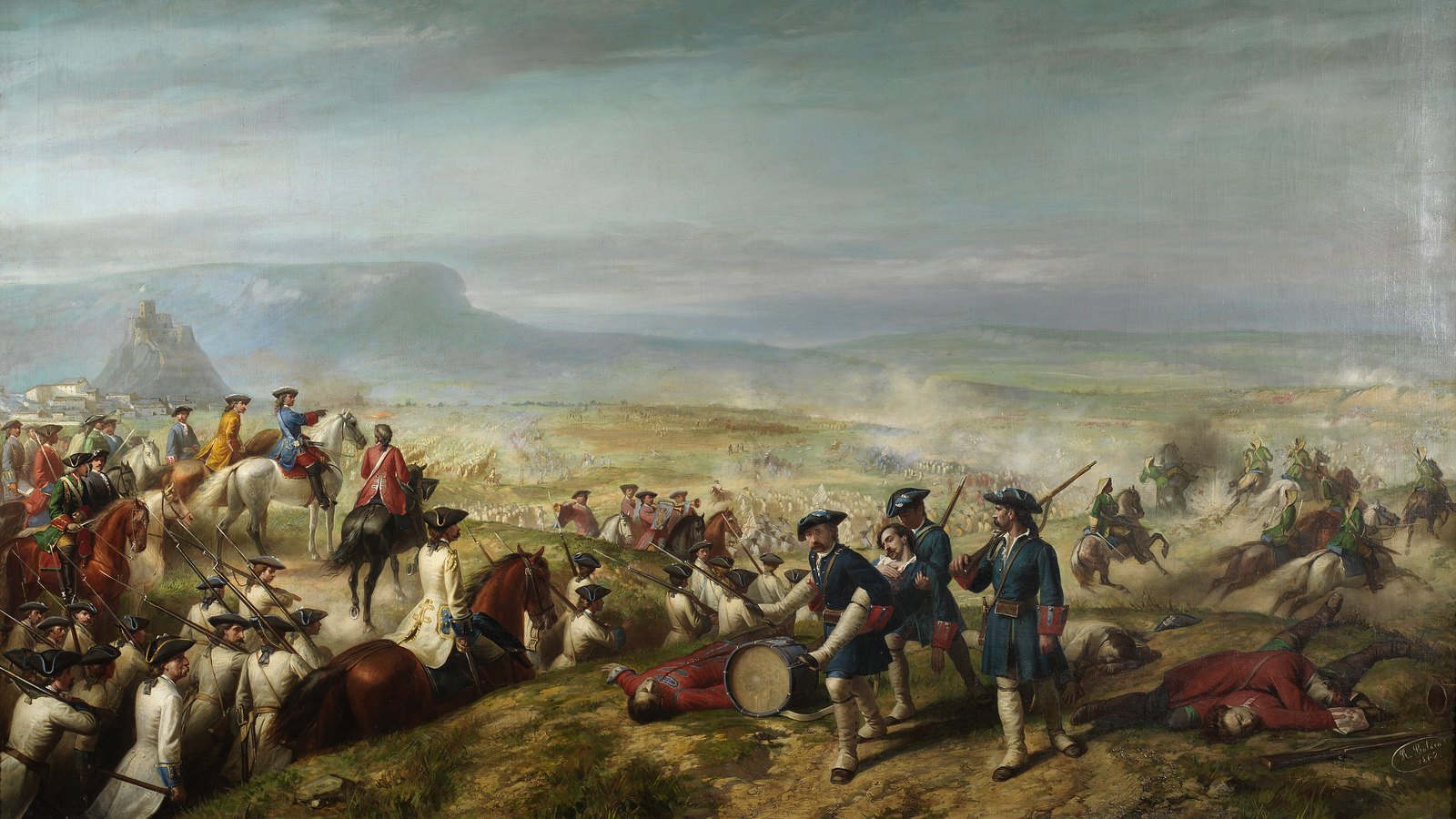 Nineteenth-century painting of the Battle of Almansa: a Bourbon general on a white horse points across a wide plain filled with smoke and fighting, white-coated infantry in the foreground, wounded redcoats on the ground and a castle on a crag in the distance.