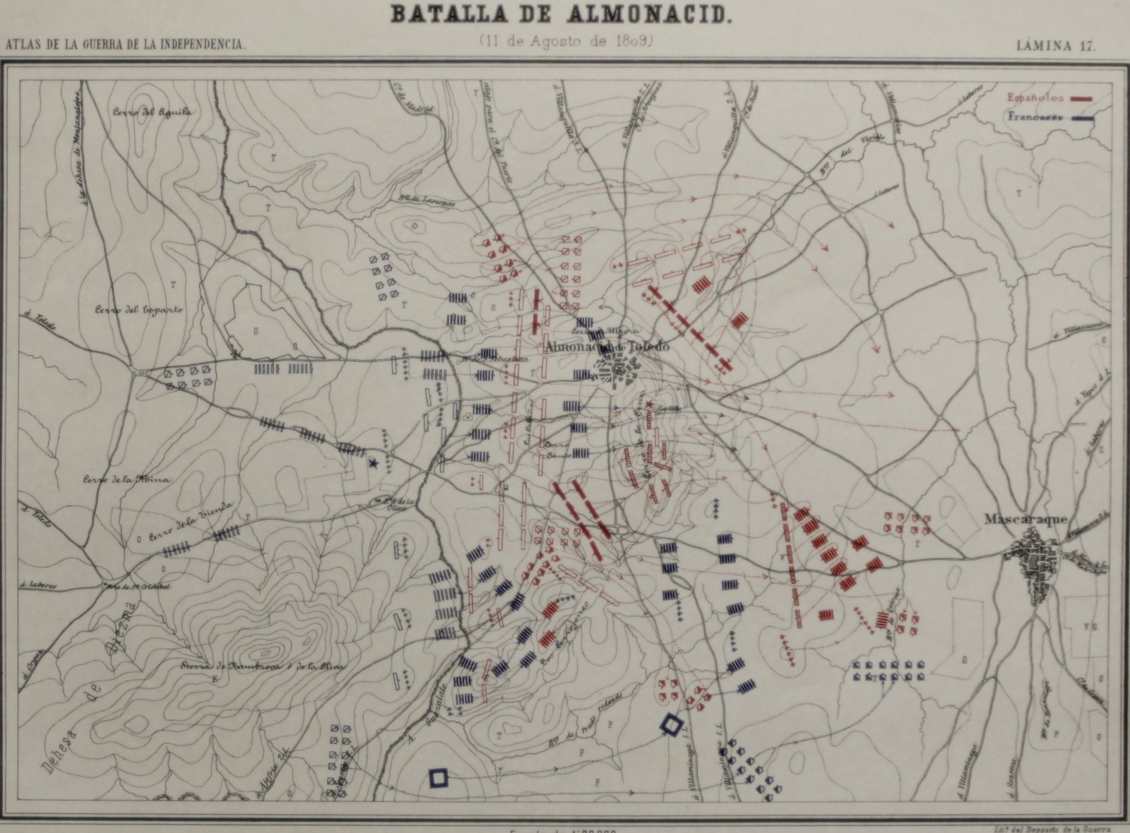 Nineteenth-century Spanish battle map of Almonacid de Toledo with contour lines, roads and villages, red blocks for the Spanish army and blue blocks for the French drawn around the town.