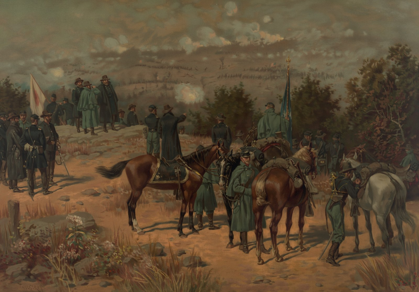 Color print: Union generals and staff officers on a rocky hilltop, horses held by orderlies in the foreground, watch smoke rise from the wooded ridges beyond.