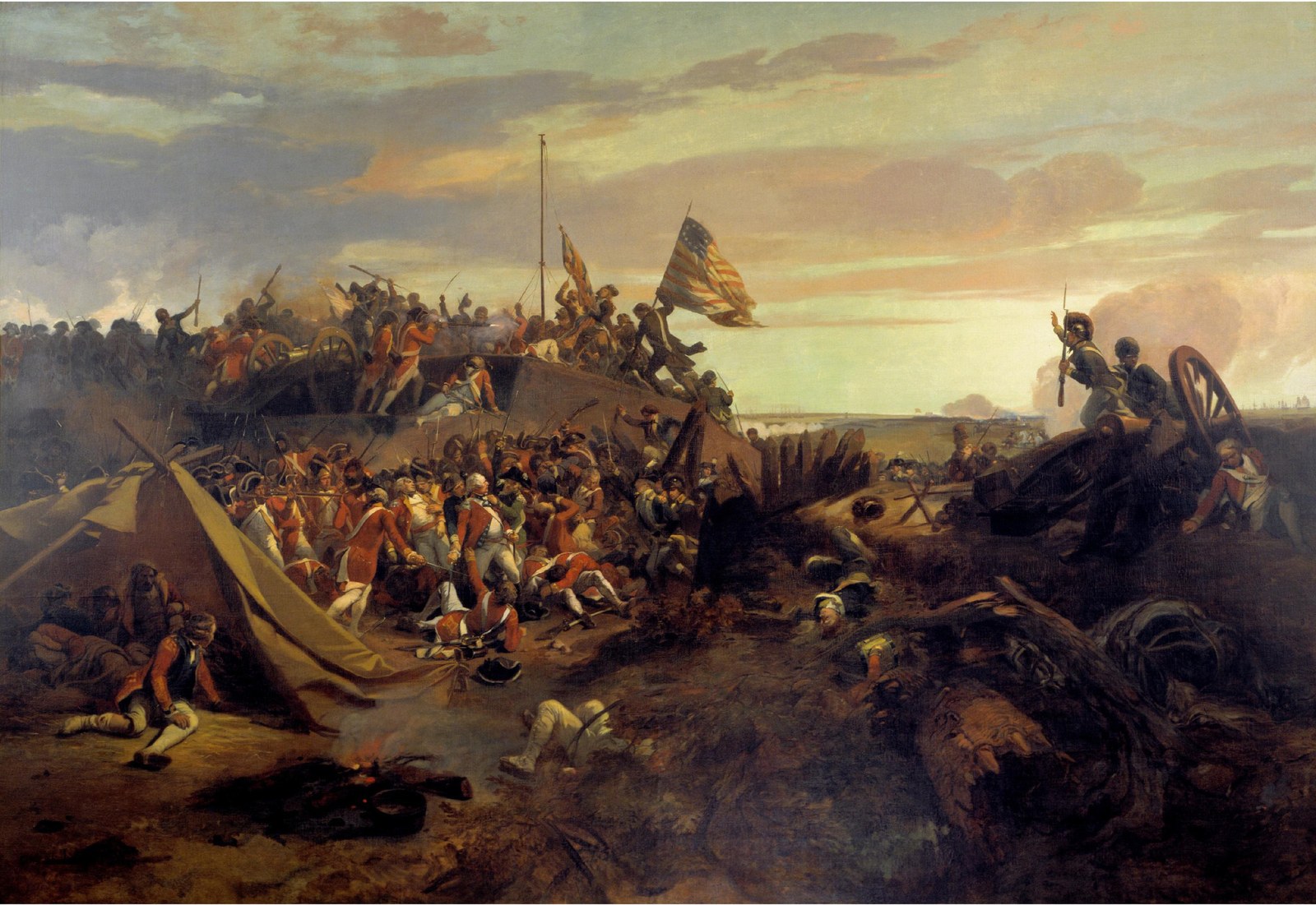 Nineteenth-century oil painting: soldiers under an American flag storm an earthen redoubt at dusk, British soldiers in red coats fight hand to hand at its foot, and wounded men lie among broken stakes in the foreground.