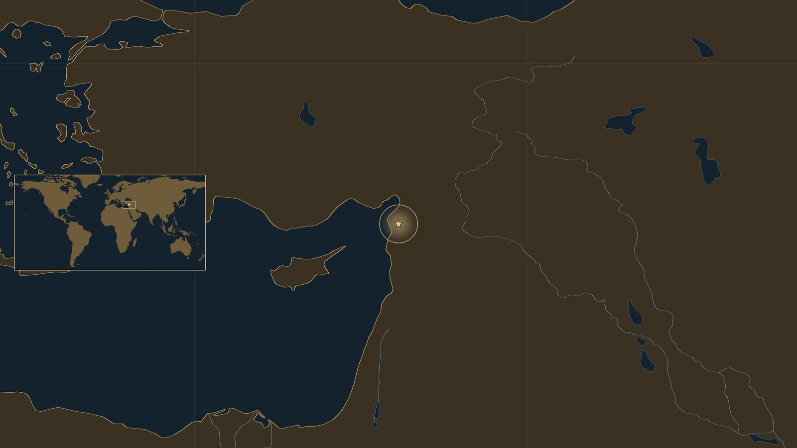 Location map of the eastern Mediterranean with a gold star near Antioch, at the corner where the coast of Syria meets Asia Minor.