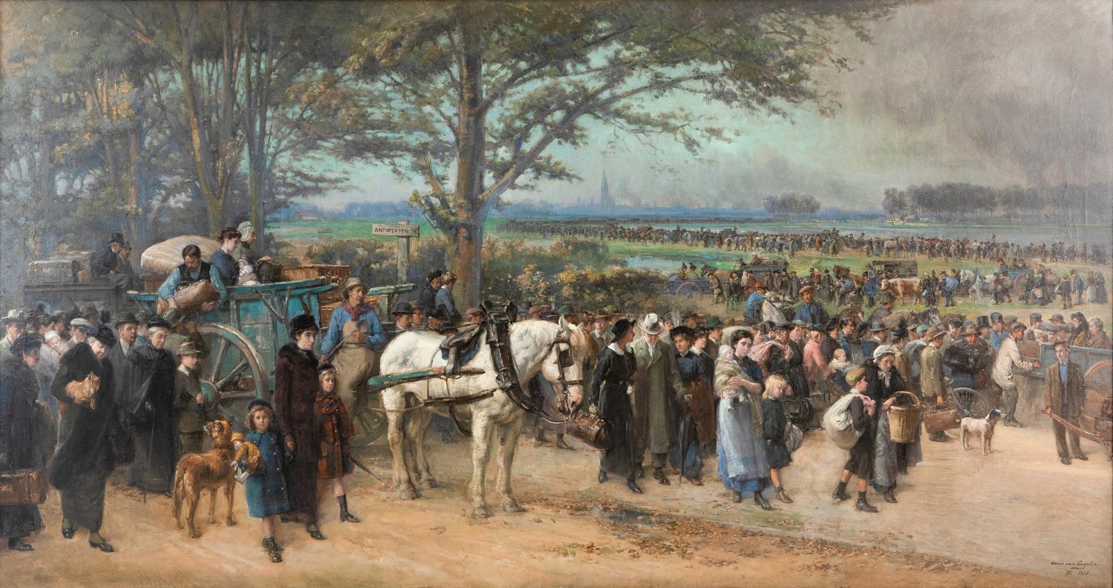 Painting of a crowd of Belgian refugees on a tree-lined road outside a city, with a white horse and a loaded cart, women carrying children and bundles, dogs at their feet, and a long column of people and wagons stretching across the plain towards a distant church spire.