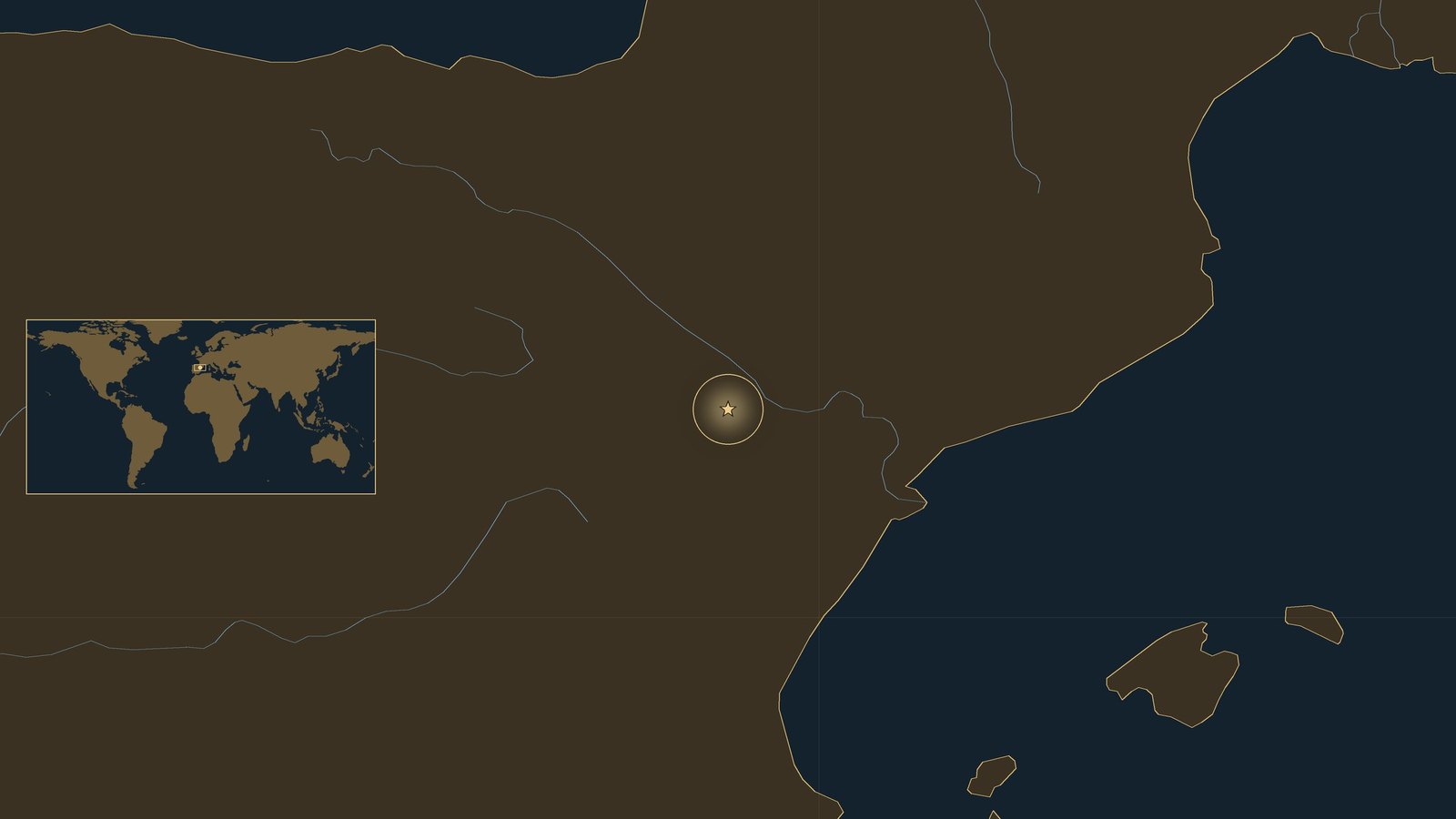 Dark locator map of northeastern Spain with the Ebro valley, the Mediterranean coast and the Balearic Islands, and a gold star on the Aragon front south of Zaragoza, with a small world map inset.