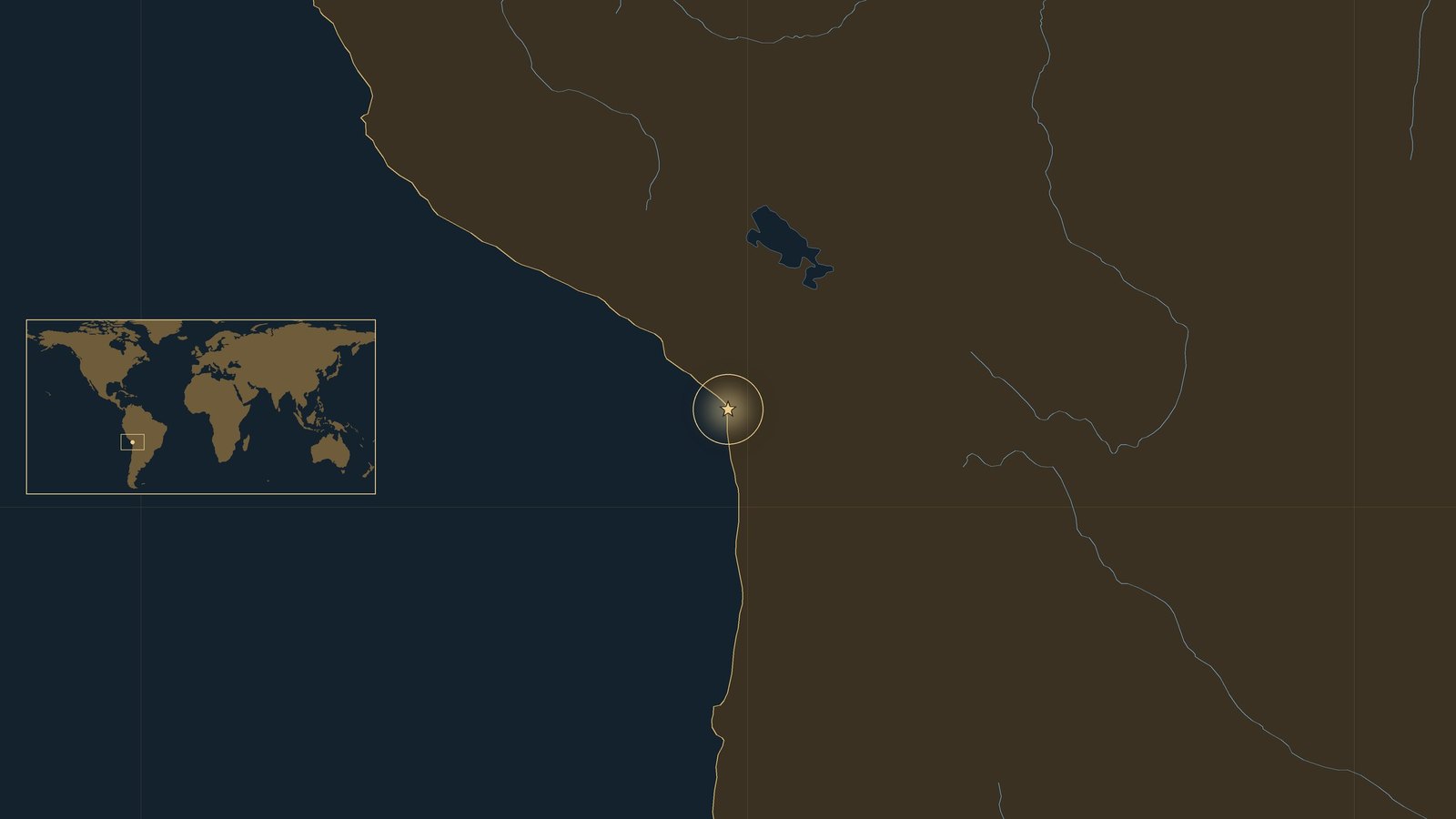 Location map of the Pacific coast of South America with a gold star marking Arica, where the coast of southern Peru turns south into northern Chile.