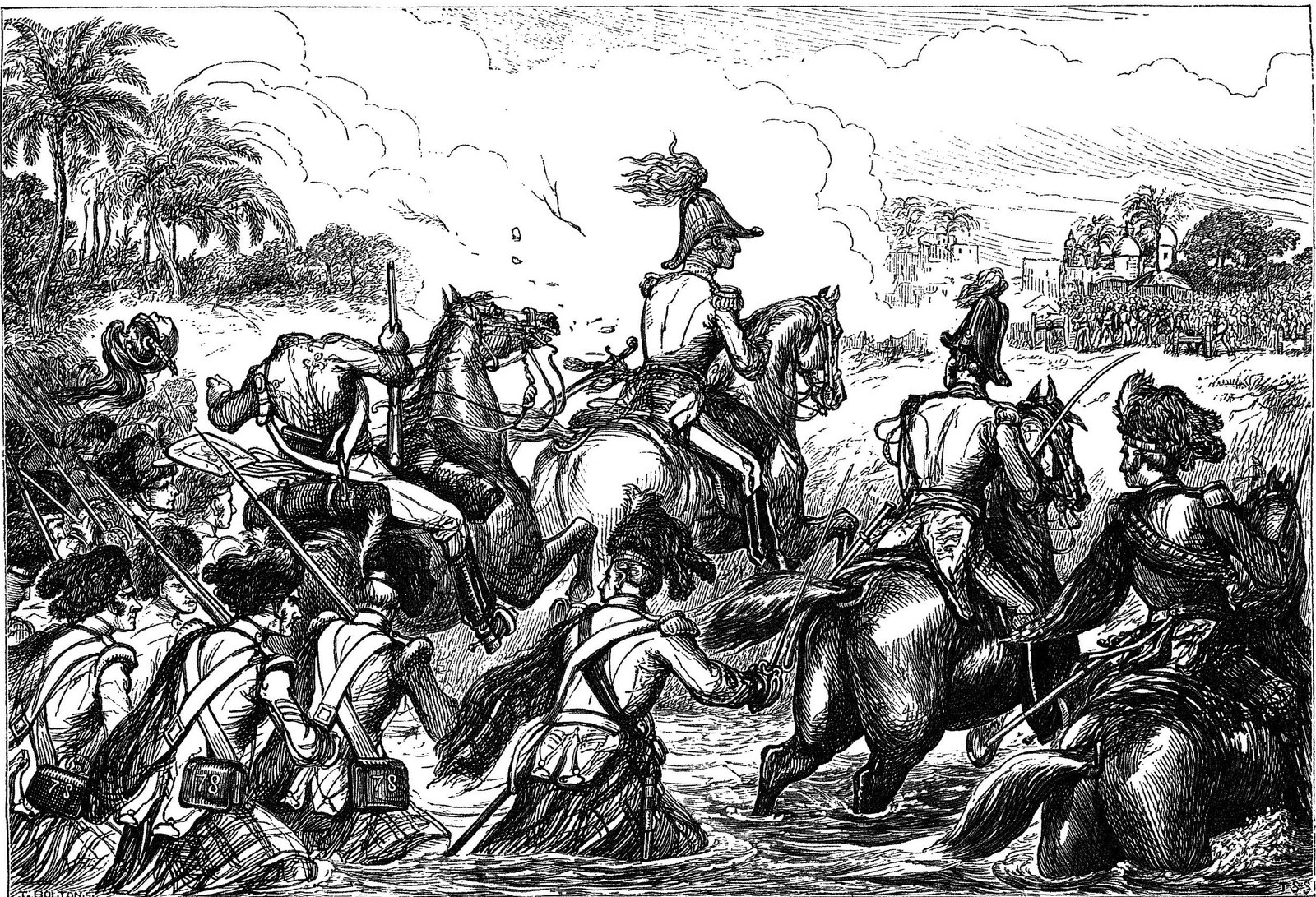 Engraving of Wellesley on horseback fording the Kaitna river at Assaye as Highlanders of the 78th wade through the water beside him