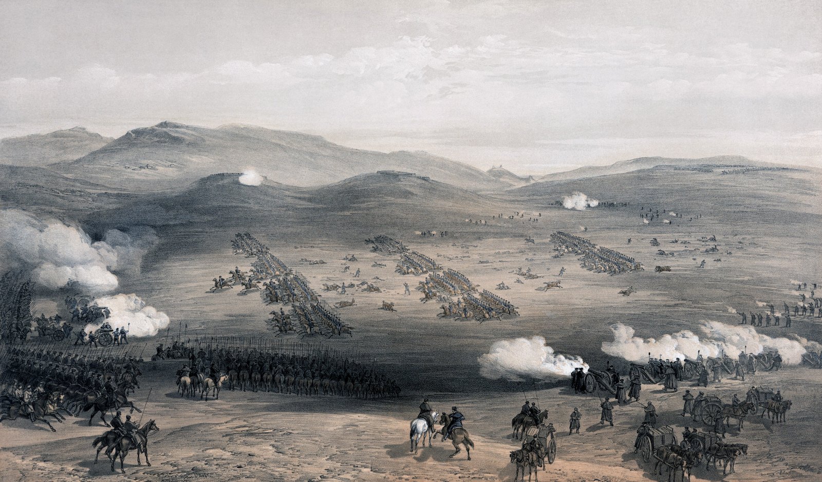 William Simpson's 1855 lithograph of the Charge of the Light Brigade at Balaclava, 25 October 1854: the light cavalry riding down the valley under fire