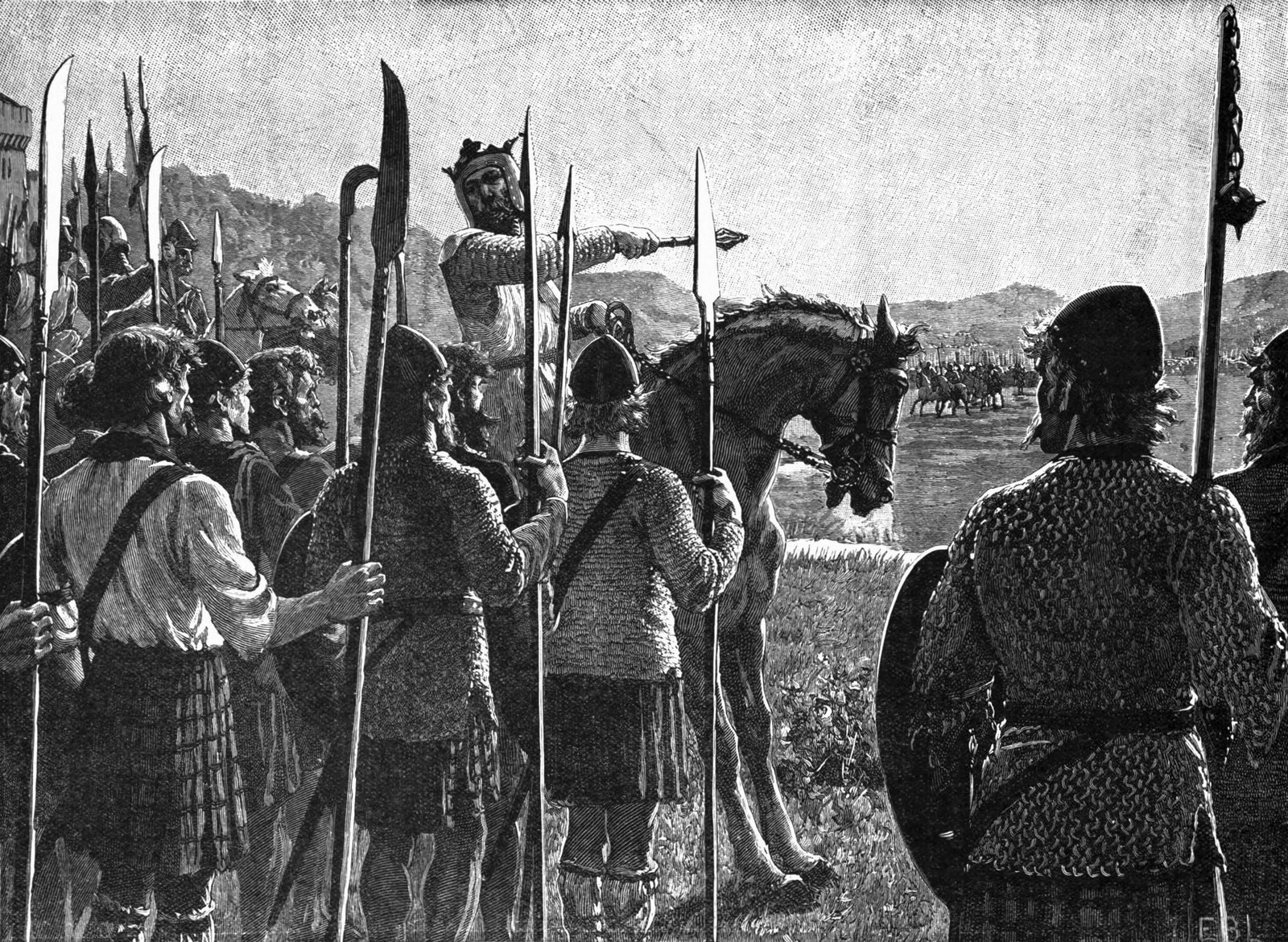 Robert the Bruce on horseback addresses his Scottish spearmen before the Battle of Bannockburn, an illustration by Edmund Blair Leighton