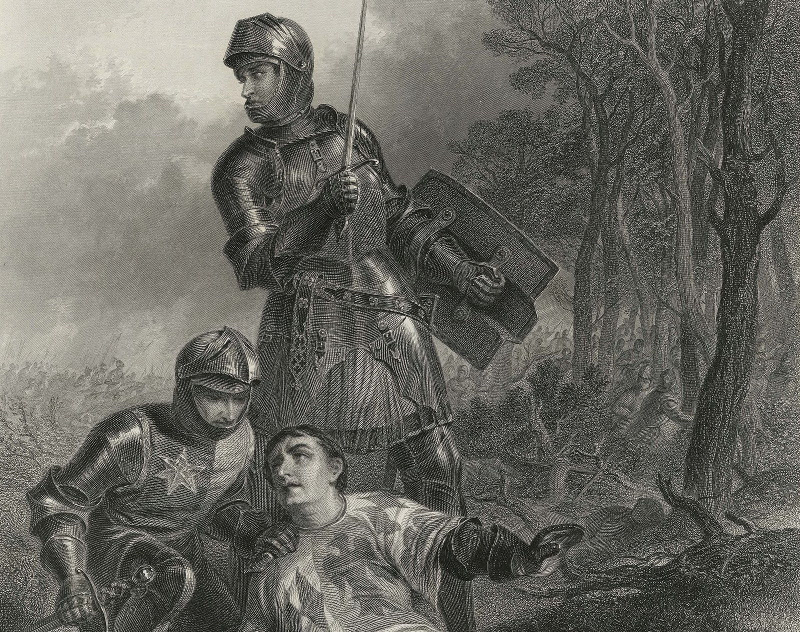 Black and white steel engraving of a wooded battlefield under a stormy sky: a knight in full plate armor with a raised sword and a shield stands looking back over his shoulder, a second knight with a star on his surcoat kneels beside him, and in front of them a wounded bareheaded nobleman in a heraldic surcoat lies on the ground propped on one arm, while soldiers fight among the trees behind