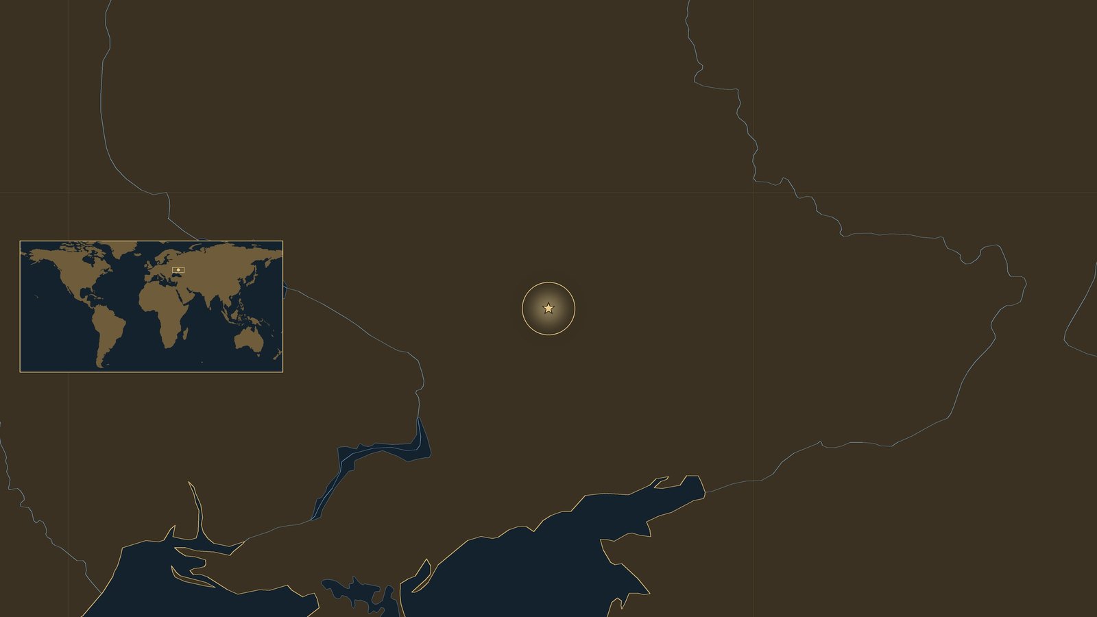 Dark locator map of eastern Ukraine north of the Sea of Azov with a gold star at Barvenkovo southwest of Izyum on the Donets, and a small world map inset.