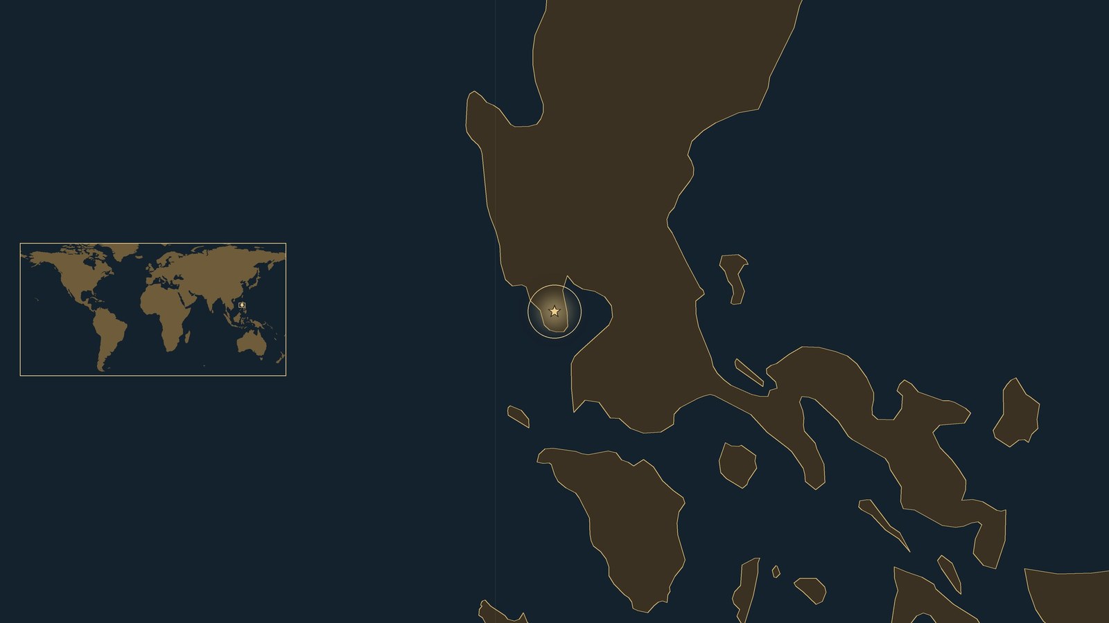 Dark locator map of Luzon and Manila Bay in the Philippines with a gold star on the Bataan Peninsula, with a small world map inset.