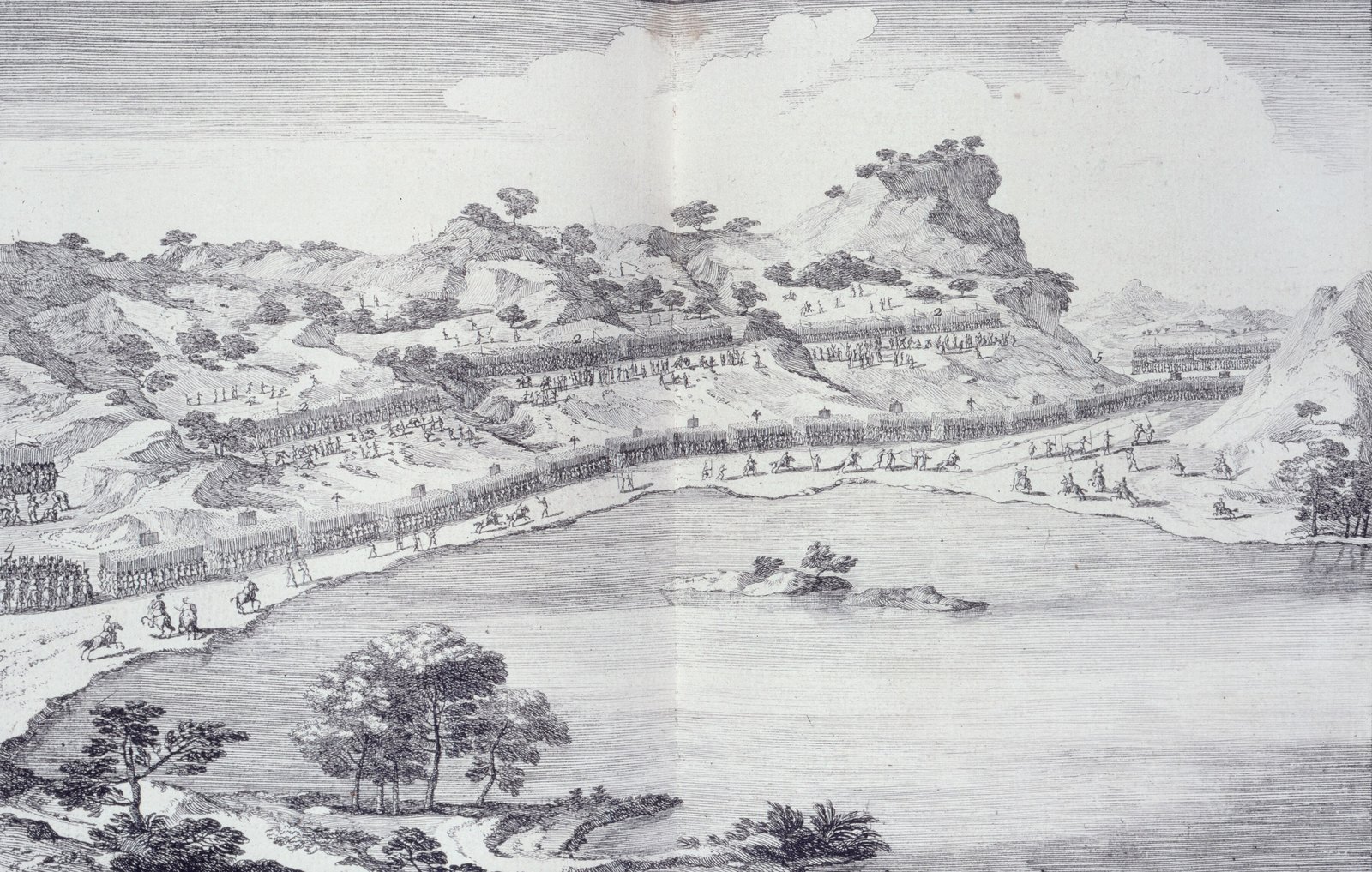 18th century engraving of the Battle of Lake Trasimene, with Hannibal's troops on the hills attacking the Roman column trapped along the lakeshore