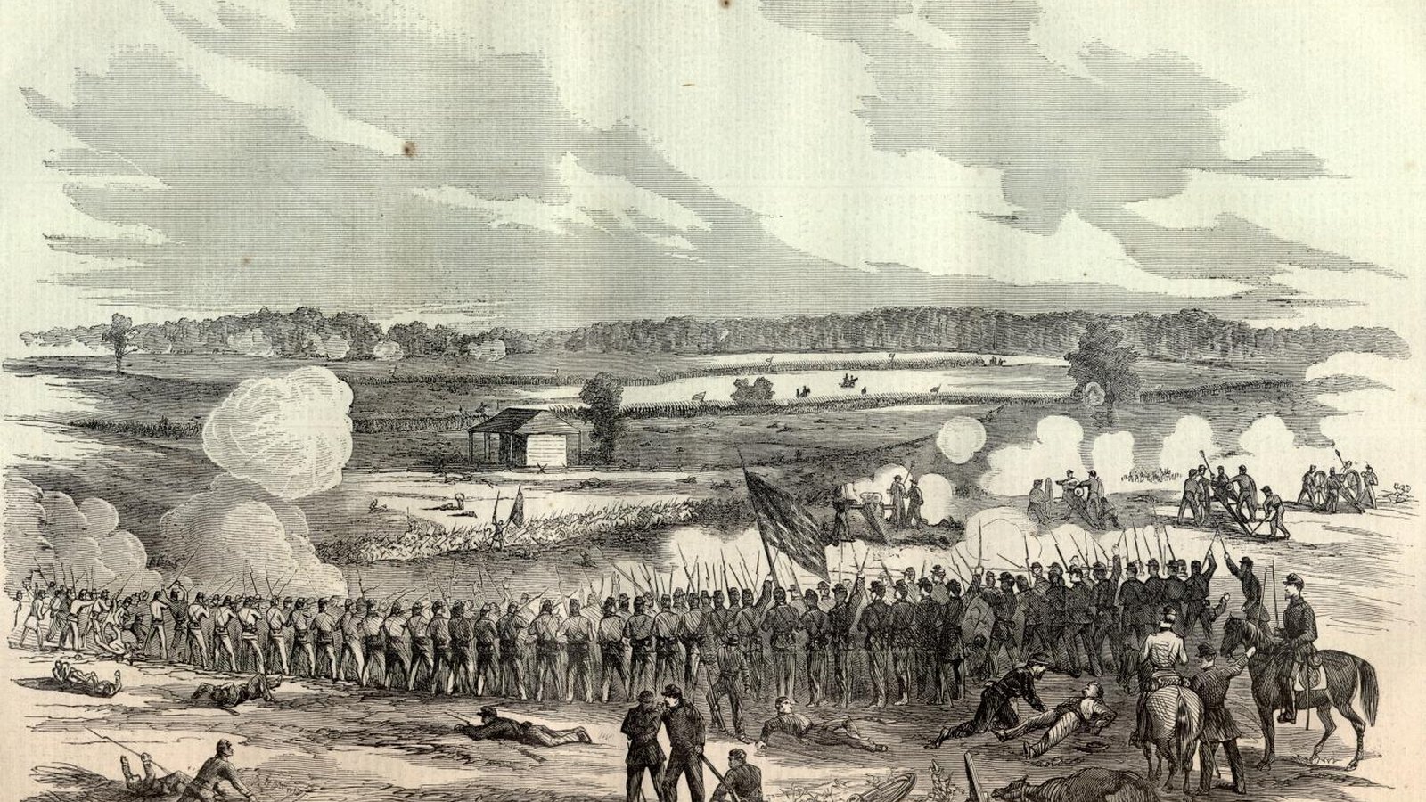 Bitwa pod Perryville, 1862, sztych z Harper's Weekly przedstawiający linię Unii w walce