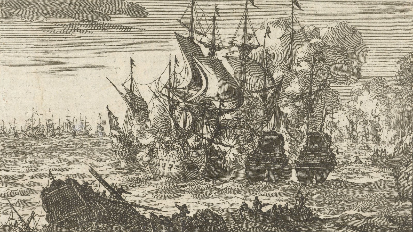 Etching of the Battle of Beachy Head: tall sailing warships exchange broadsides in clouds of smoke while a wrecked hull and small boats full of men drift in the foreground.