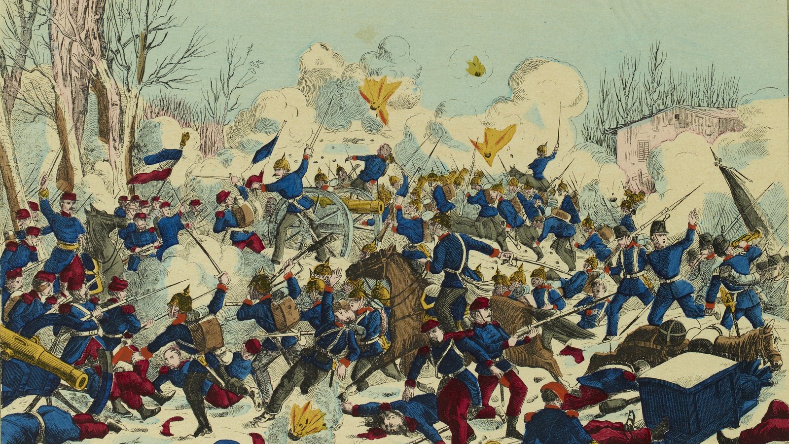 Hand-colored German woodcut of a close-quarters fight in snowy woods: Prussian infantry in spiked helmets and blue coats clash with French soldiers in red trousers around a cannon, with shells bursting overhead and a farmhouse behind.