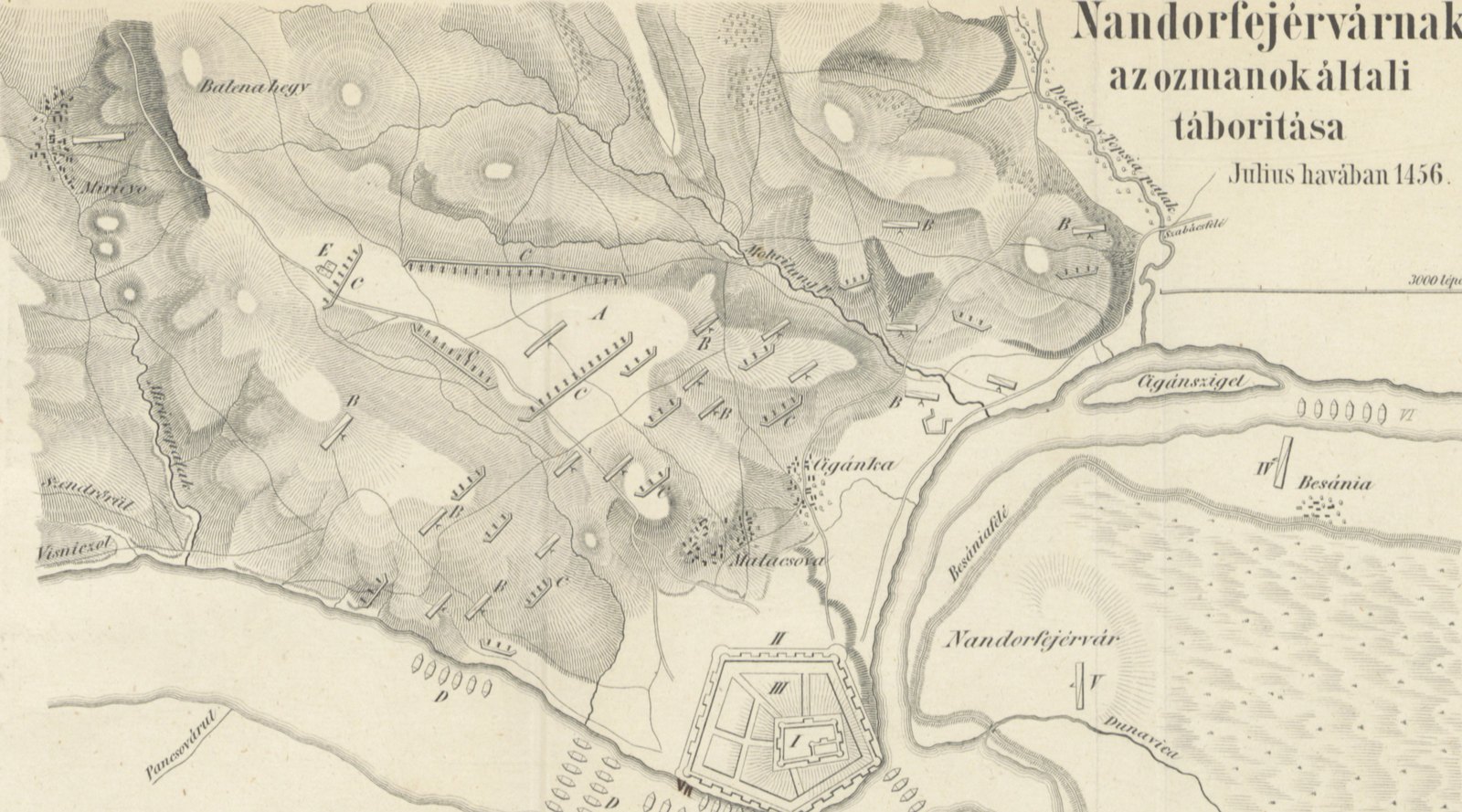 Rytowana XIX-wieczna mapa osmańskiego oblężenia Belgradu w lipcu 1456 roku z węgierskim tytułem, z otoczoną murami twierdzą u zbiegu rzek, obozami i liniami dział osmańskich na wzgórzach oraz rzędami łodzi na Dunaju i Sawie
