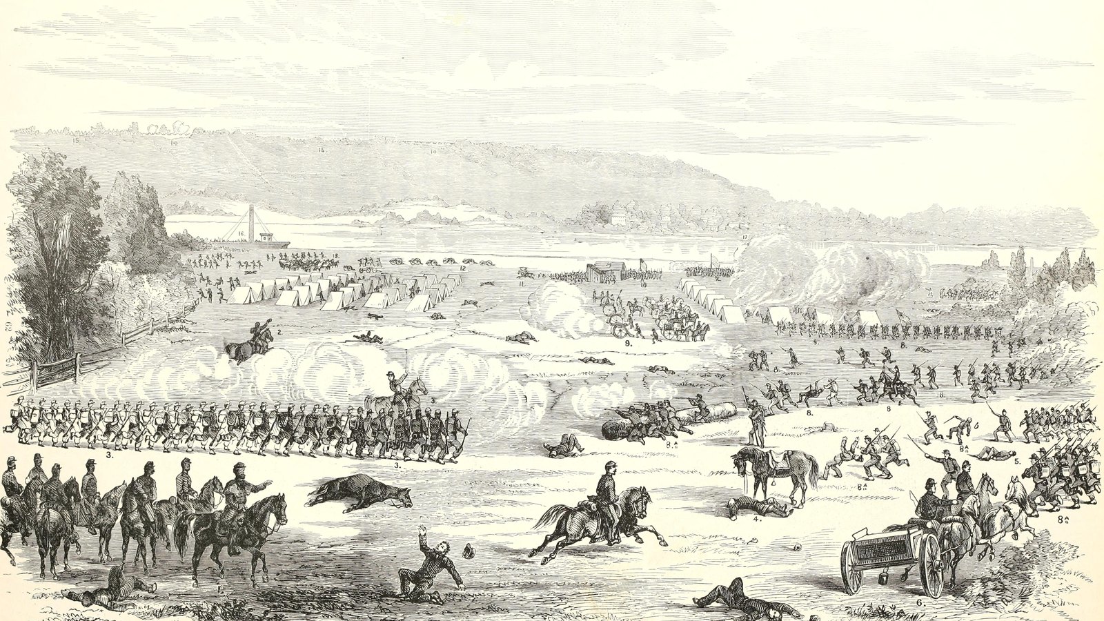 Nineteenth-century engraving of a battle on a river plain: Union infantry advance in line past a mounted general and his staff toward a camp of white tents, with smoke from guns, a steamboat on the river and bluffs beyond.