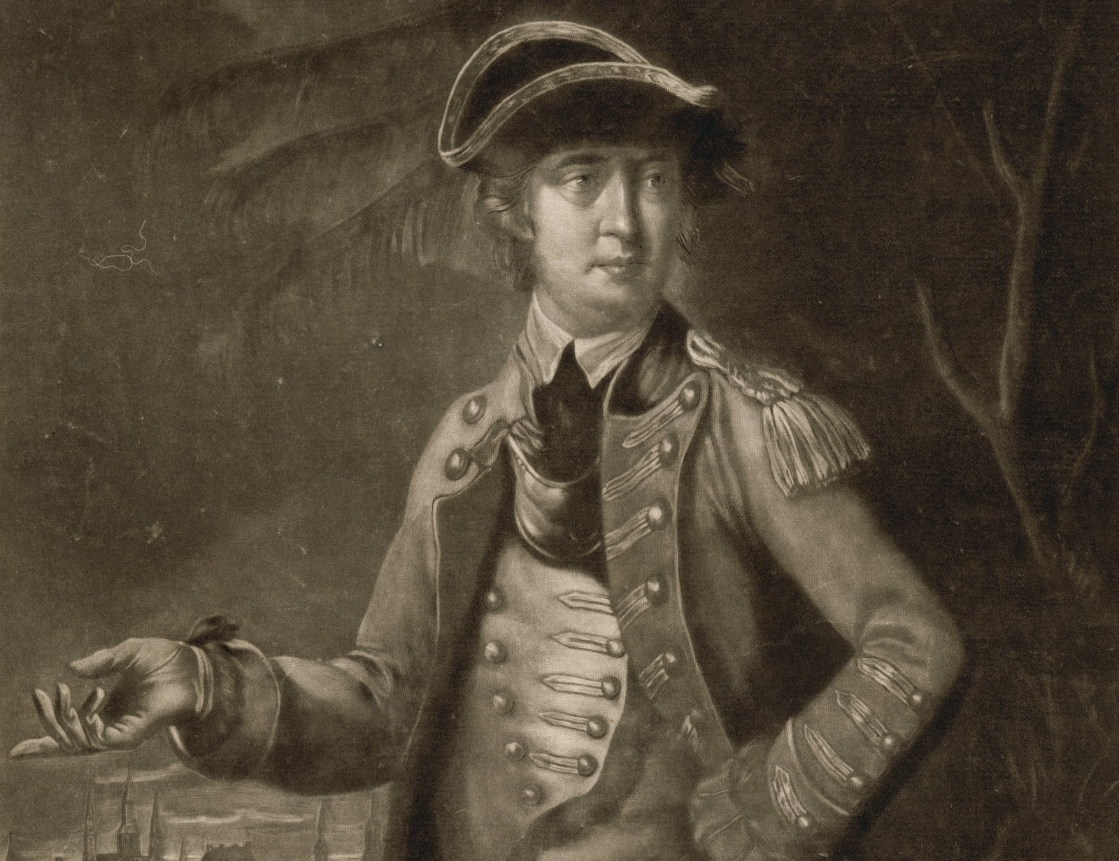 1776 mezzotint of Benedict Arnold in Continental uniform and tricorn hat, pointing towards Quebec