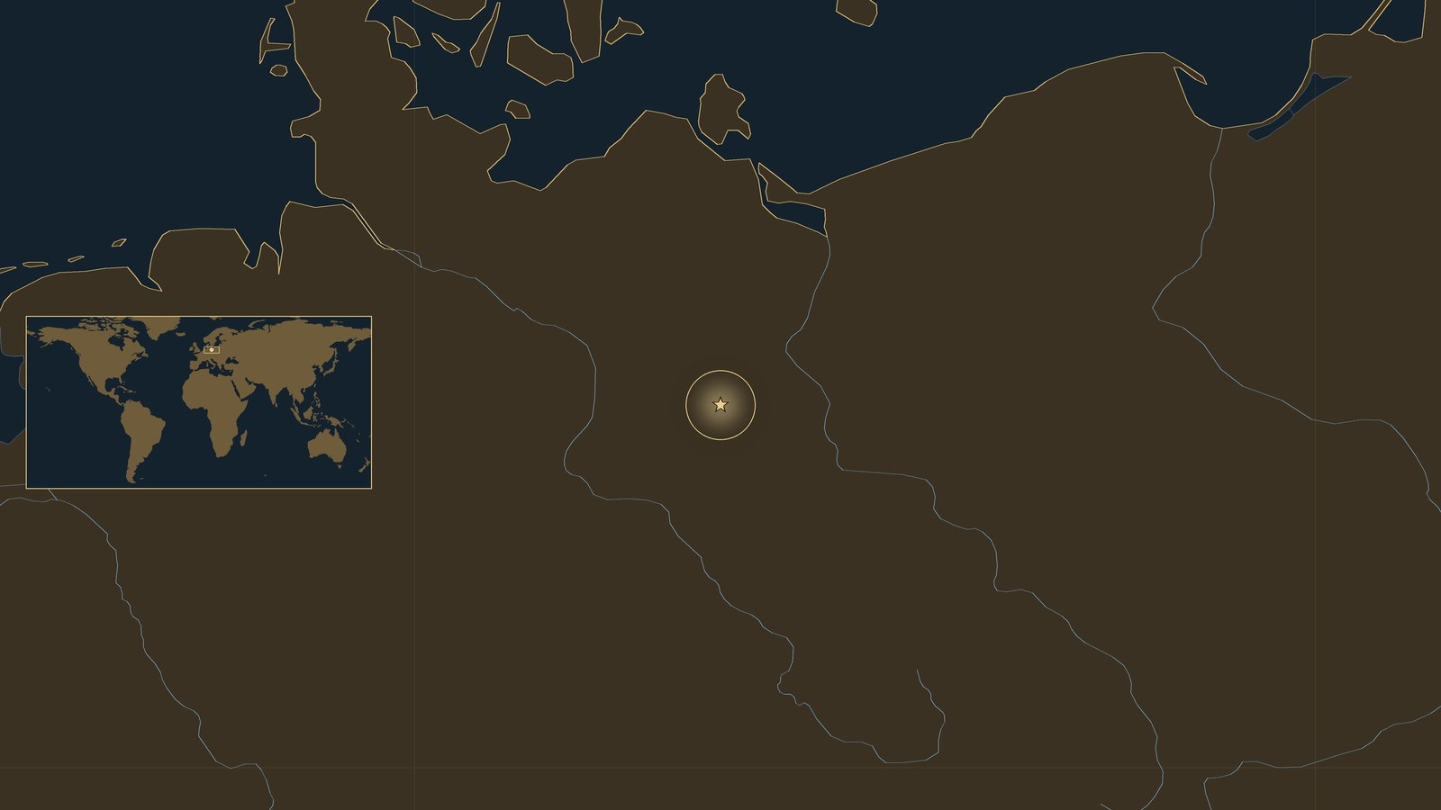 Dark locator map of northern Germany and western Poland with the Baltic coast at the top and a gold star at Berlin, with a small world map inset.