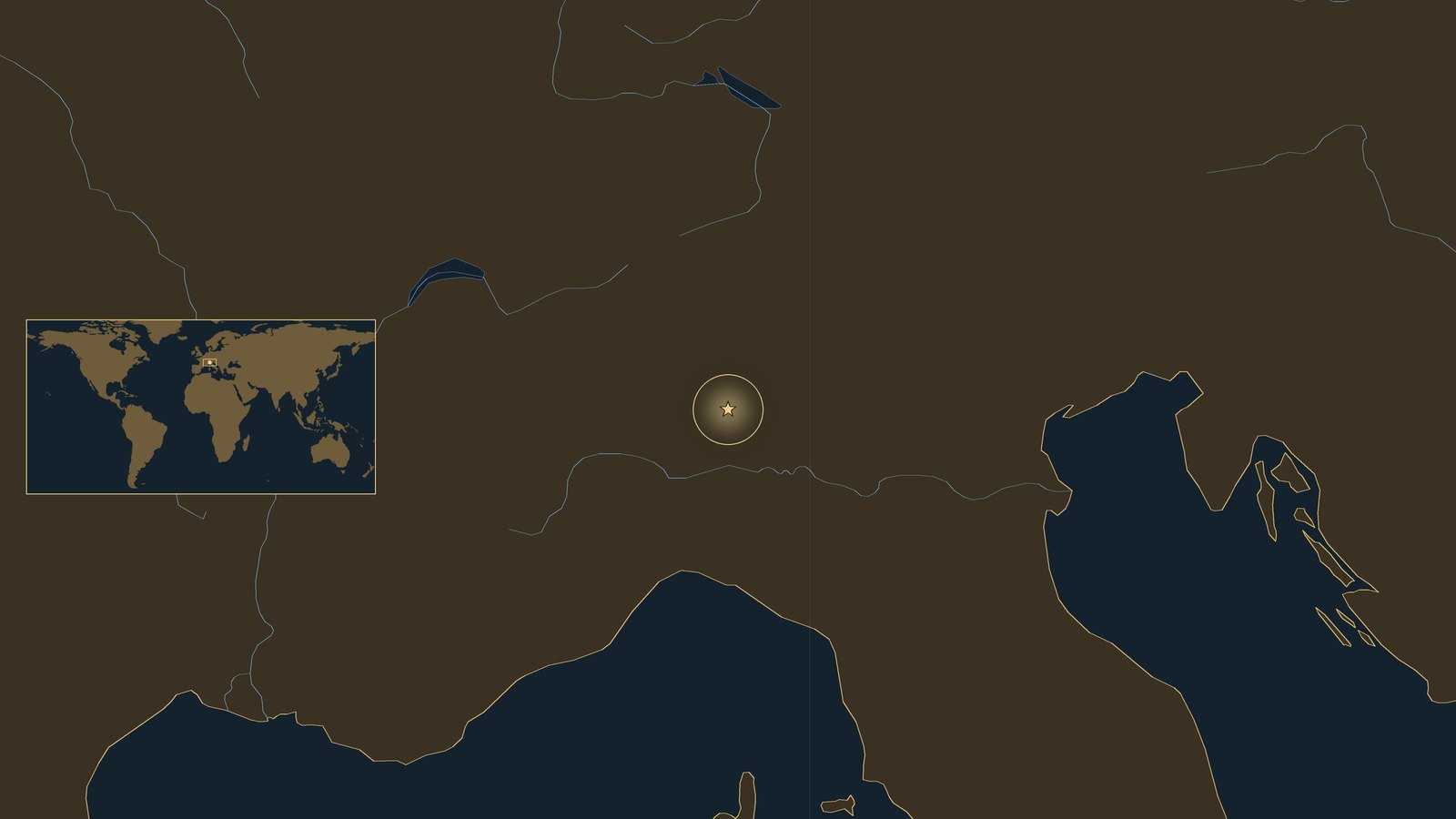 Dark locator map of northern Italy with the Alps, the Po plain and the Ligurian and Adriatic seas, a gold star just north of Milan marking Bicocca, and a small world map inset.