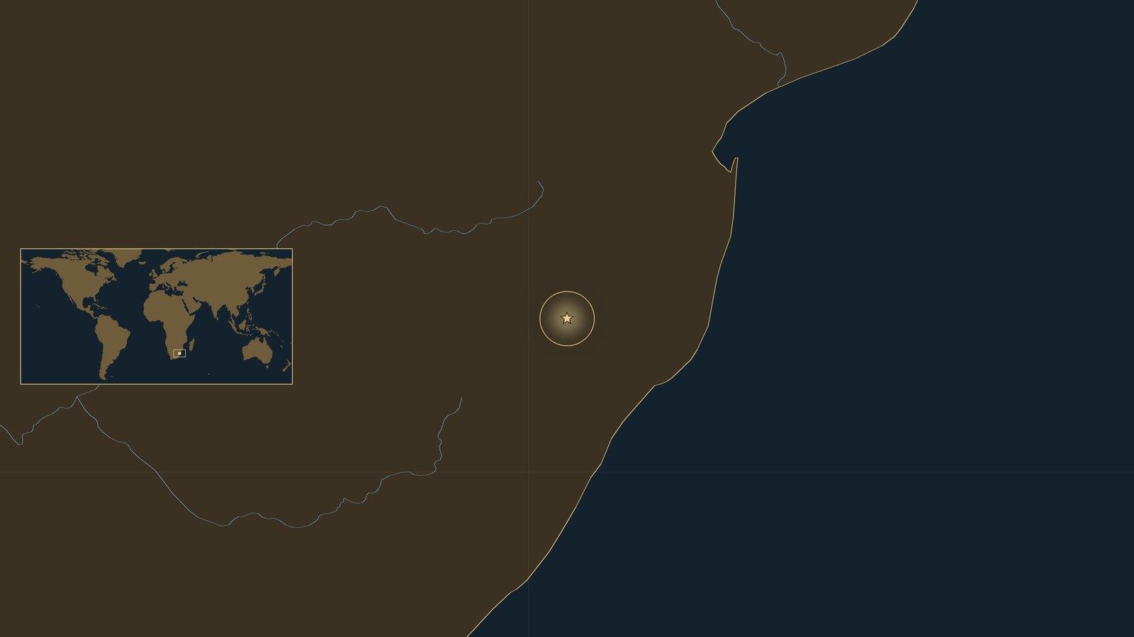 Dark locator map of southeastern Africa with the Indian Ocean coast, rivers and a gold star marking the battlefield on the Ncome River, with a small world map inset.