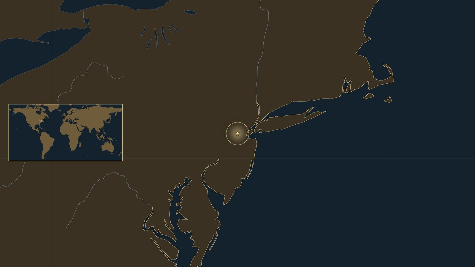 Dark locator map of the northeastern United States coast with a gold star in central New Jersey, west of New York, and a small world map inset.