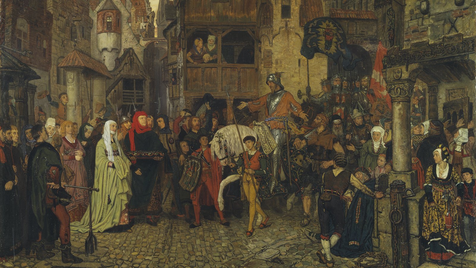 Painting of a medieval Stockholm street: an armored rider on a white horse, his arm outstretched, enters through a crowd of townspeople, monks and women in long gowns, with banners behind him.