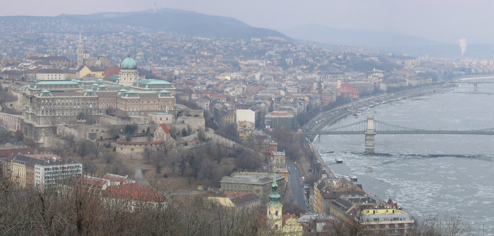 Wide view over Buda in late winter from Gellért Hill: the domed royal palace and its walls on Castle Hill at left, the spire of the Matthias Church behind it, the wooded Buda hills on the horizon, and at right the Chain Bridge crossing a Danube full of drifting ice