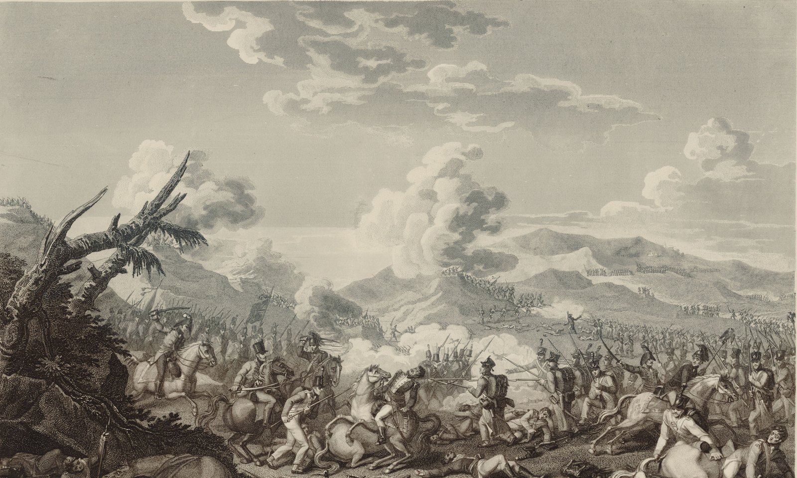 Early nineteenth-century engraving of a battle on a mountain slope: cavalry and infantry clash in the foreground among fallen men and horses, columns of troops climb the hills behind, and clouds of gunsmoke rise under a broad sky.