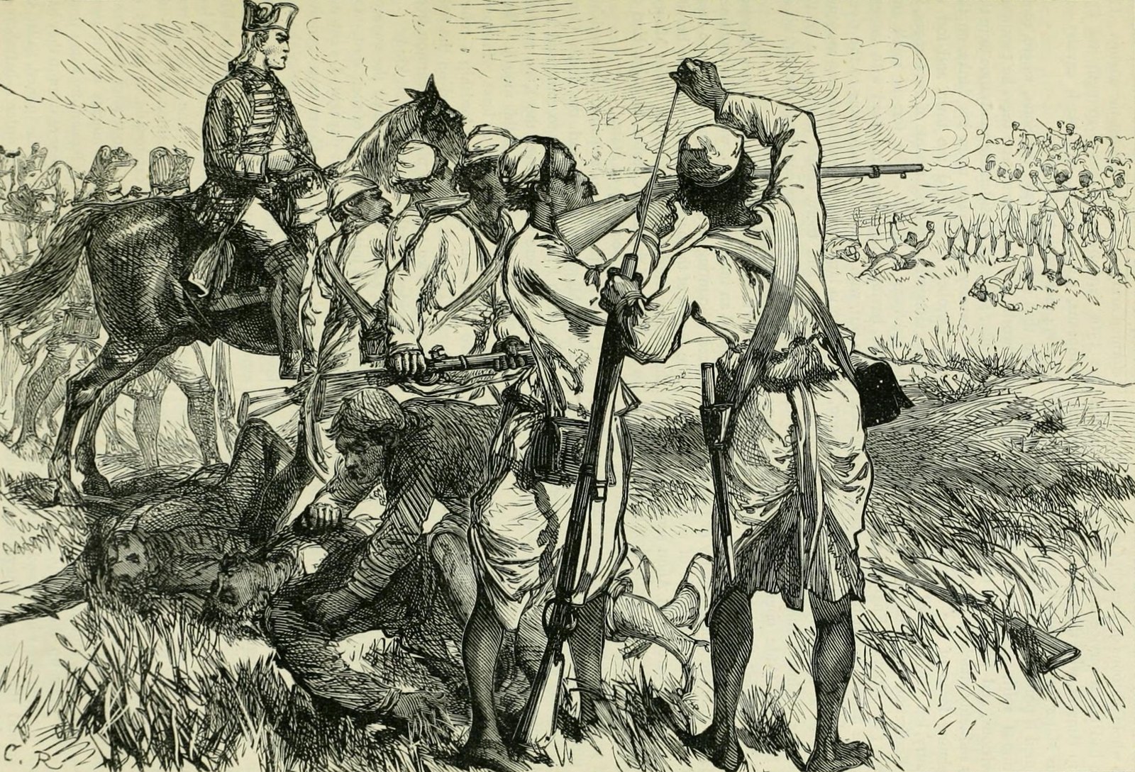 Engraving of Company sepoys firing and reloading their muskets at Buxar in 1764 as a mounted British officer watches the fighting beyond