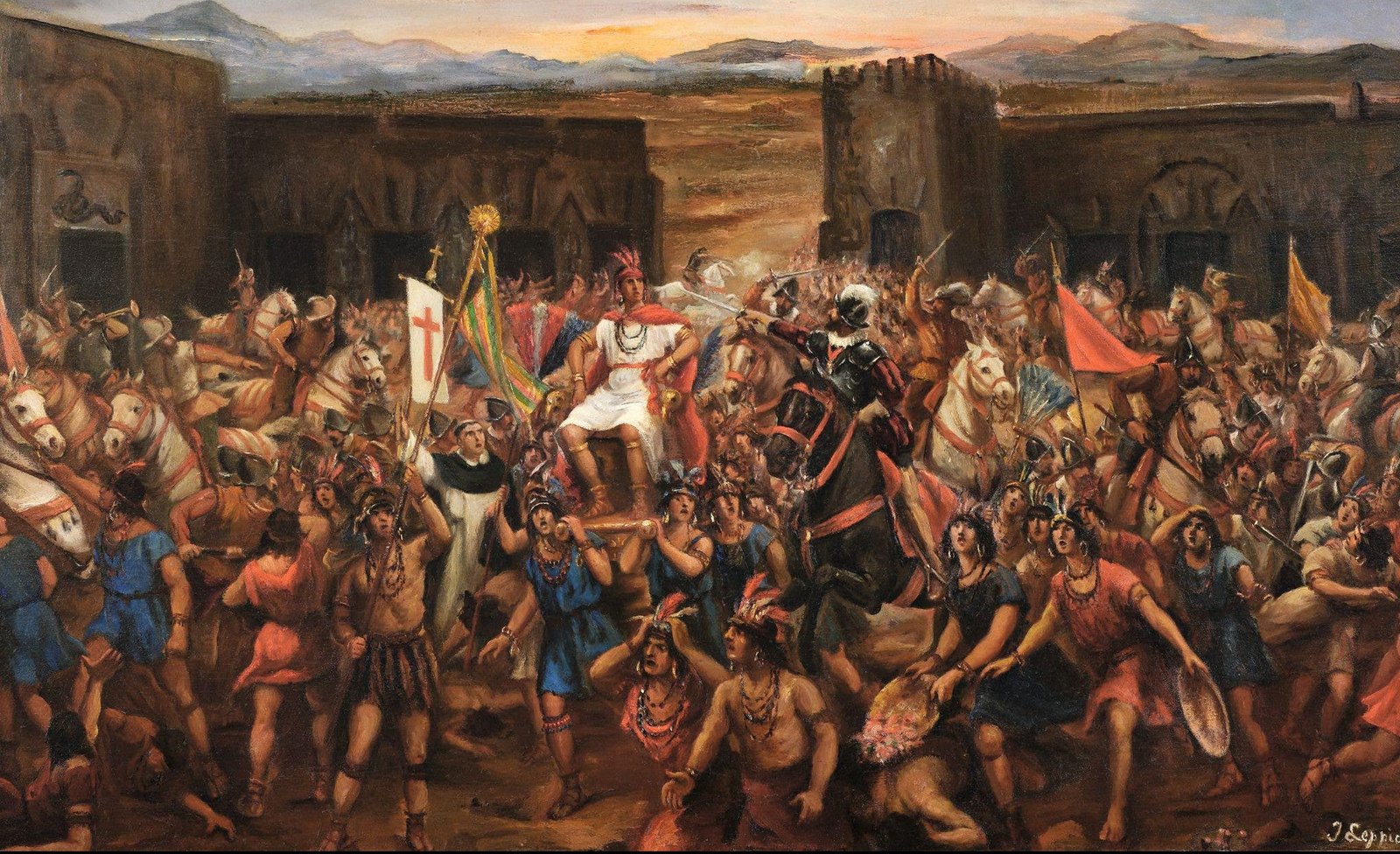 Spanish soldiers seizing the Inca emperor Atahualpa at Cajamarca