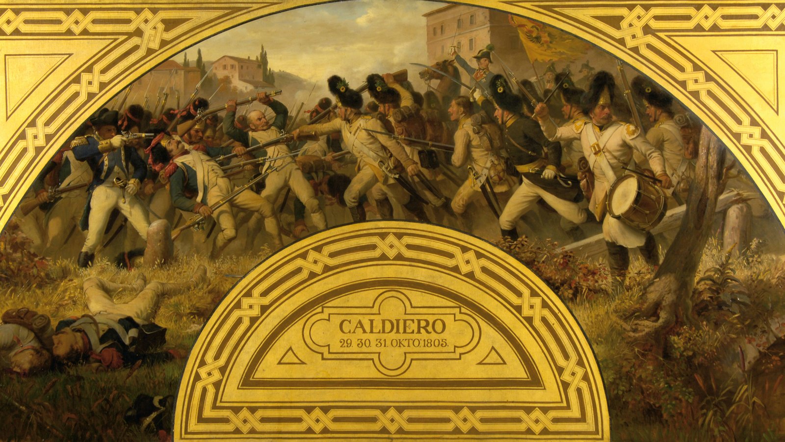 Painted lunette of a close-quarters fight: Austrian grenadiers in white coats and bearskin caps, with a drummer and a yellow standard, charge French infantry in blue coats, while fallen soldiers lie in the grass and a gold arch below reads Caldiero 29. 30. 31. Okto. 1805