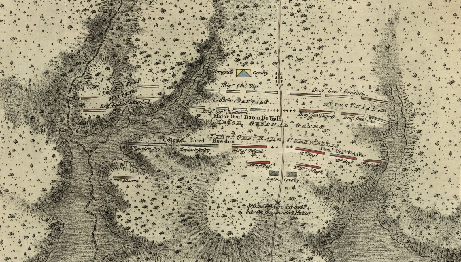 Hand-colored 1780 battle map on yellowed paper: two parallel lines of red, blue, green and brown bars labeled with regiments and generals, the American line marked Continentals and Virginians above and the British line under Earl Cornwallis below, a straight road running through the middle and dark hatched swamps and creeks on both sides