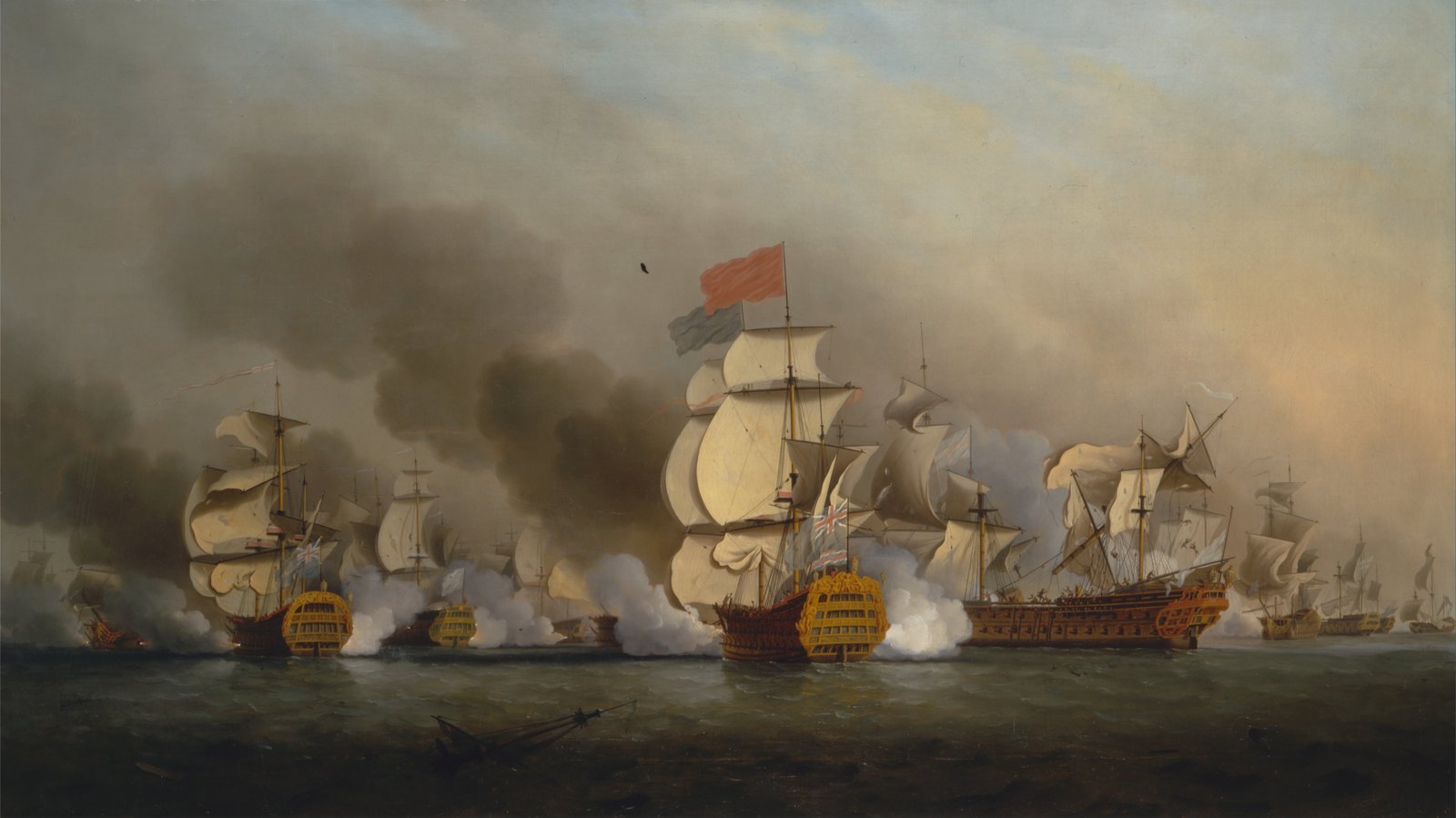 Eighteenth-century painting of a sea battle: British and French ships of the line exchanging broadsides in clouds of white and gray smoke, a large British flagship with a red flag at its masthead in the center and a dismasted French ship beside it.