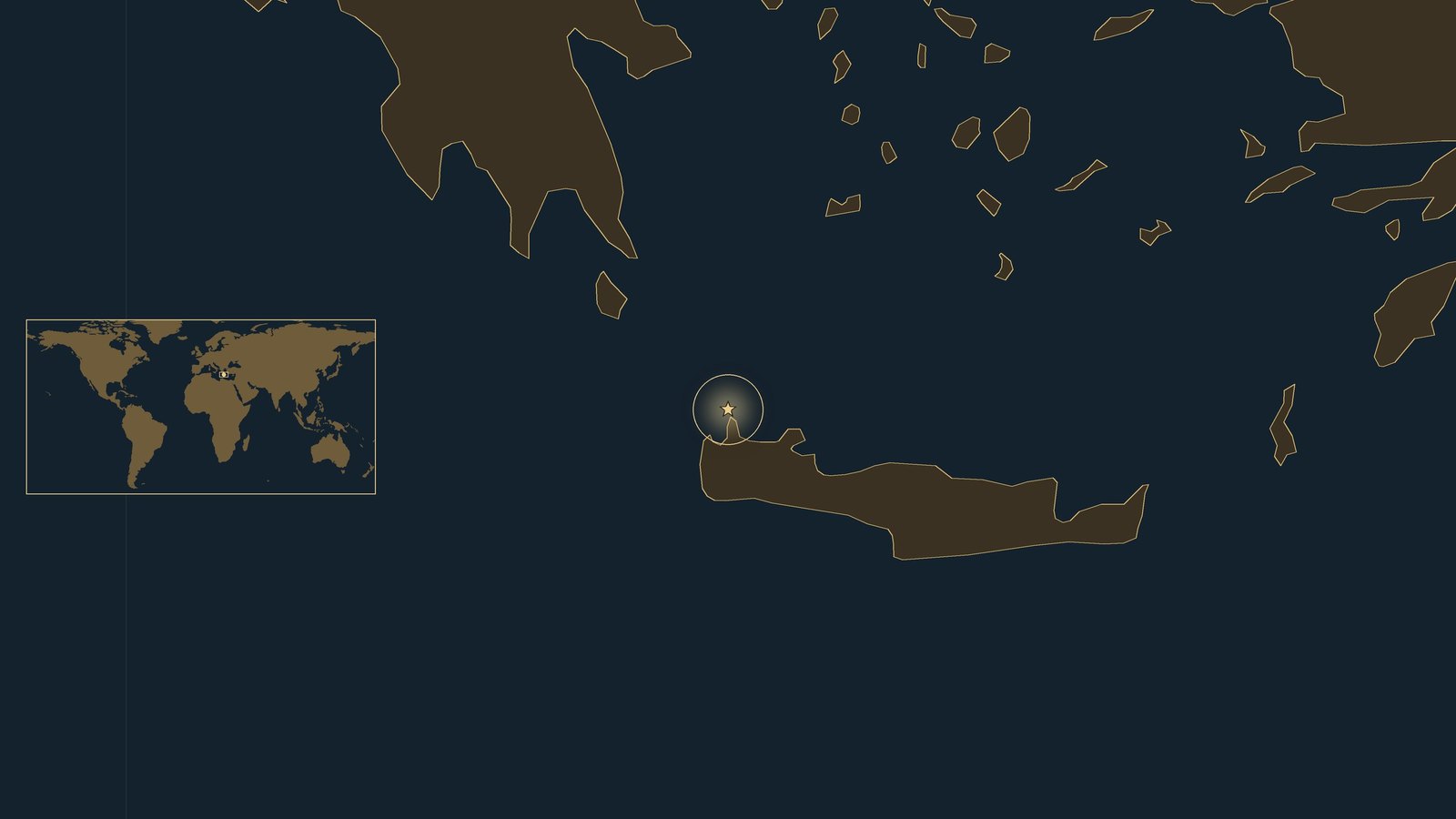 Dark locator map of the eastern Mediterranean showing Crete, the southern tip of Greece and the Aegean islands, with a gold star off Cape Spada at the north-west corner of Crete and a world inset.