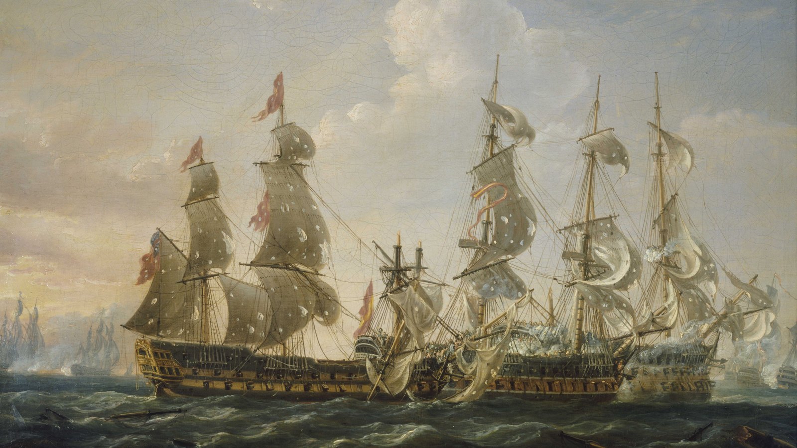 Oil painting of a British ship of the line, her sails shot through with holes, lying alongside two Spanish warships with broken masts in a rough sea, other ships and gunsmoke in the background.