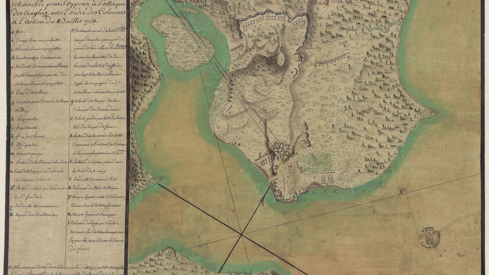 Hand-colored 1758 French manuscript plan of Fort Carillon on a peninsula between Lake Champlain and the La Chute River, with the entrenched French line, forests and a legend on the left.