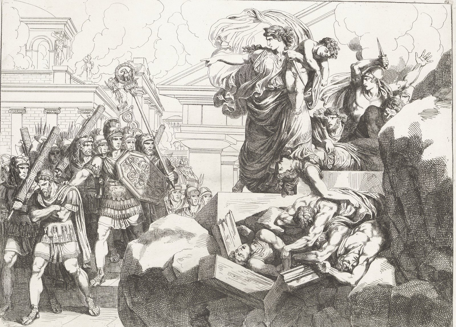 Etching of a city falling to soldiers: Roman legionaries with standards and shields enter from the left past classical temples wreathed in smoke, while on a heap of rubble and bodies at right a woman in flowing robes, a child over her shoulder and a dagger in her hand, points back at the Romans in defiance