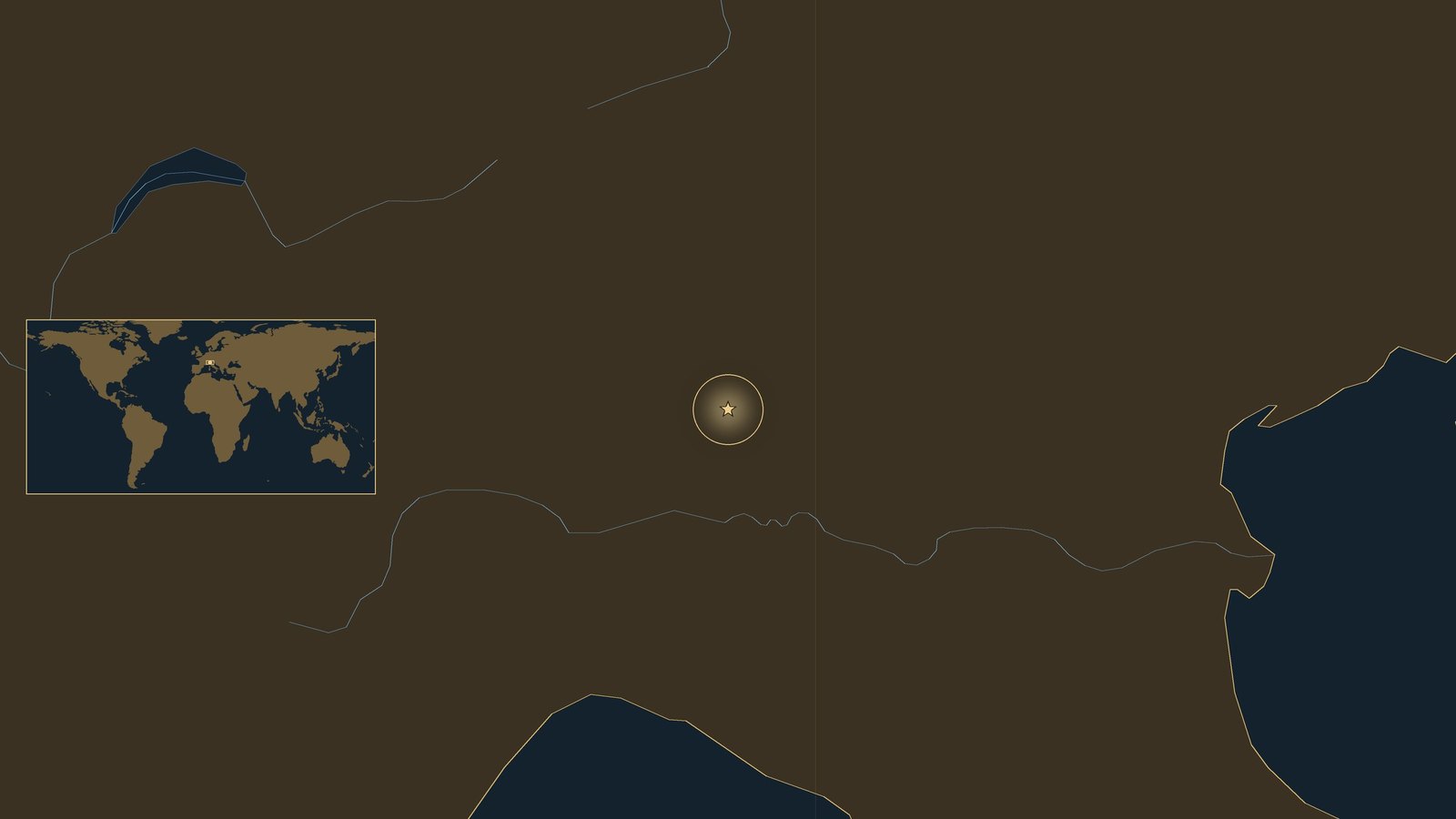Ciemna mapa lokalizacyjna północnych Włoch ze złotą gwiazdą nad rzeką Addą na wschód od Mediolanu, z jeziorami alpejskimi na północy i małą wstawką z mapą świata.