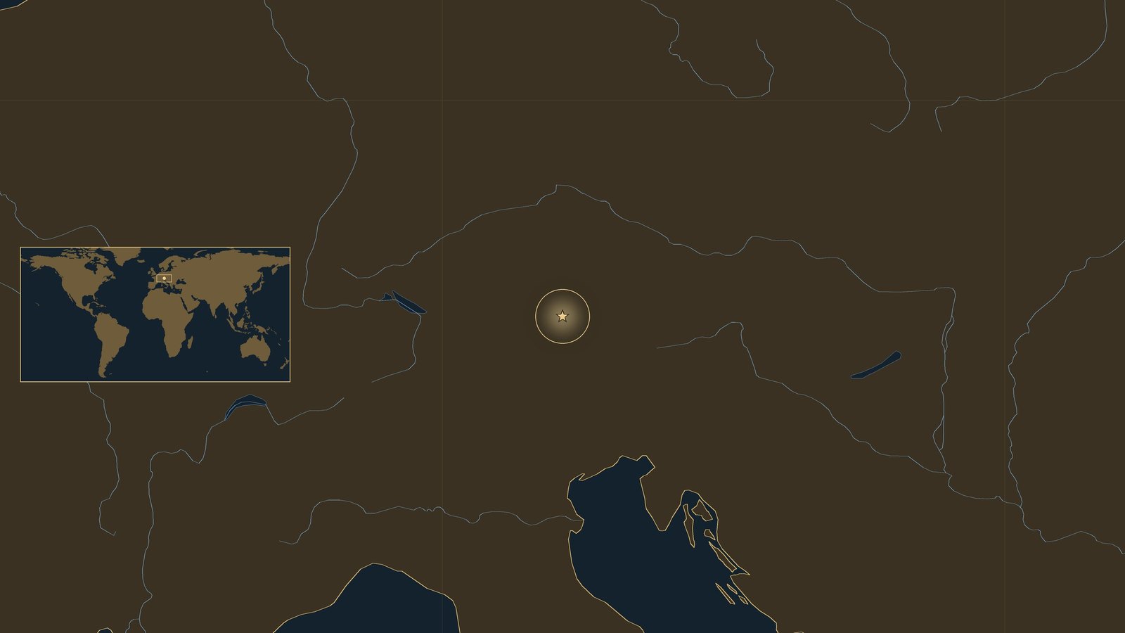 Dark locator map of the eastern Alps with rivers and lakes, the head of the Adriatic Sea to the south, a gold star marking Itter in the Austrian Tyrol, and a small world map inset.