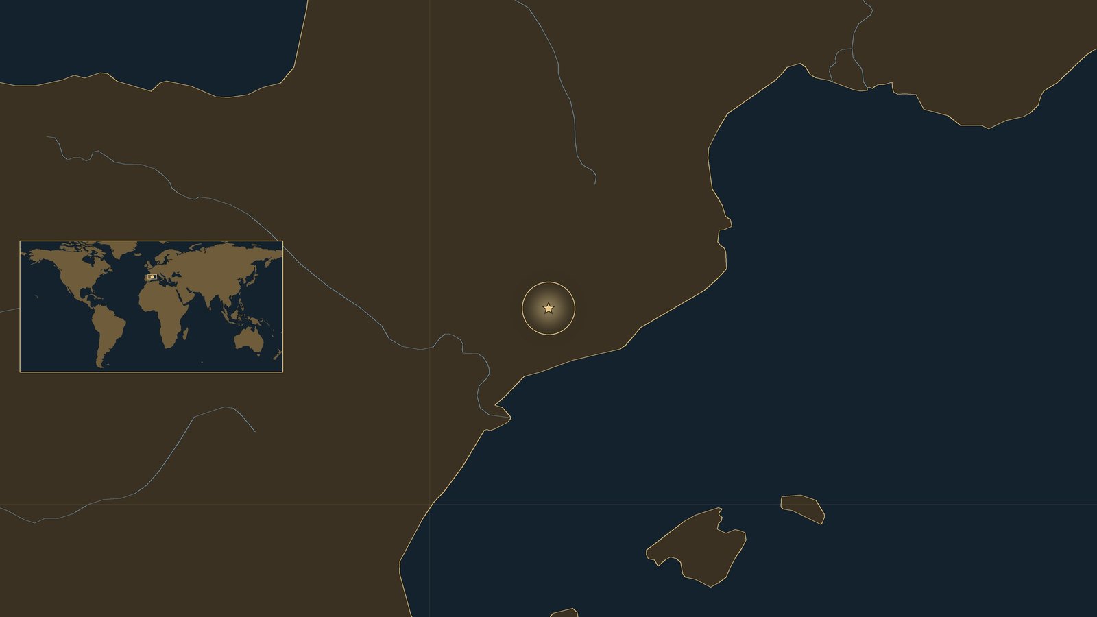 Dark locator map of northeastern Spain and southern France with the Mediterranean coast, the Pyrenees rivers and a gold star in Catalonia west of Barcelona, with a small world map inset.