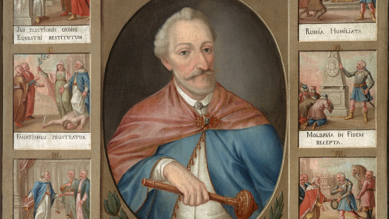 Painted portrait of an elderly man with a white mustache in a red cloak holding a hetman's mace, set in a frame of small scenes, one of them labeled Moldavia in fidem recepta.