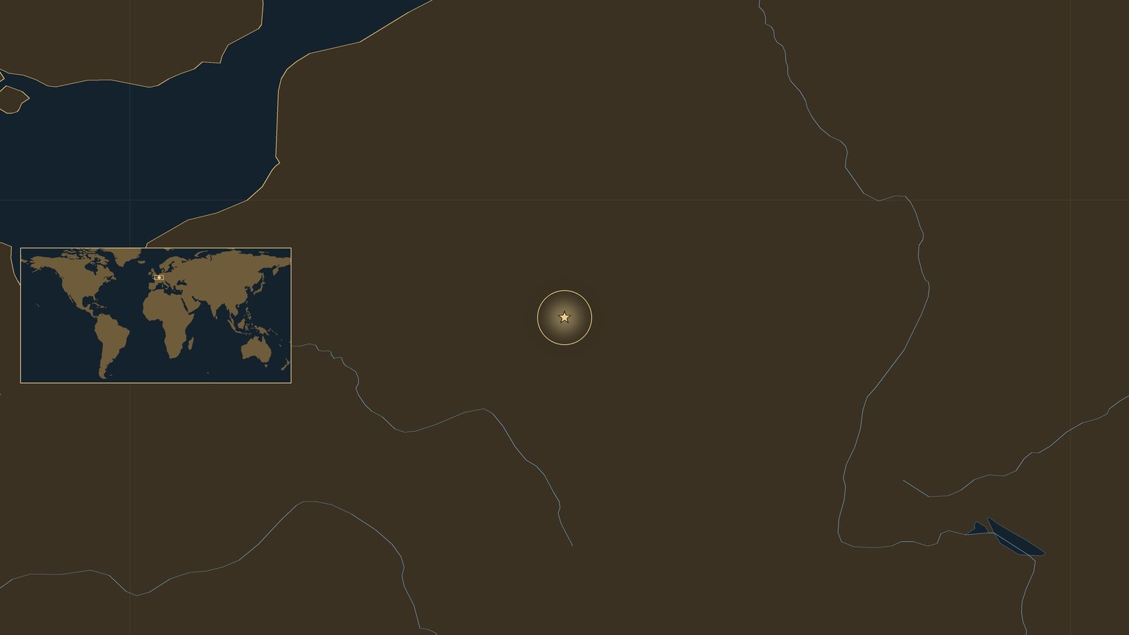 Dark locator map of northeastern France with rivers and a gold star in Champagne east of Reims, with a small world map inset.