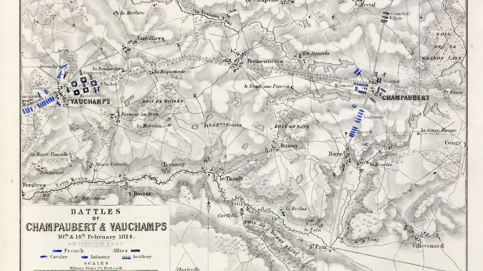 Nineteenth-century engraved battle map in gray and blue showing villages, woods and roads between Vauchamps and Champaubert, with blue blocks marking French and Allied troops.